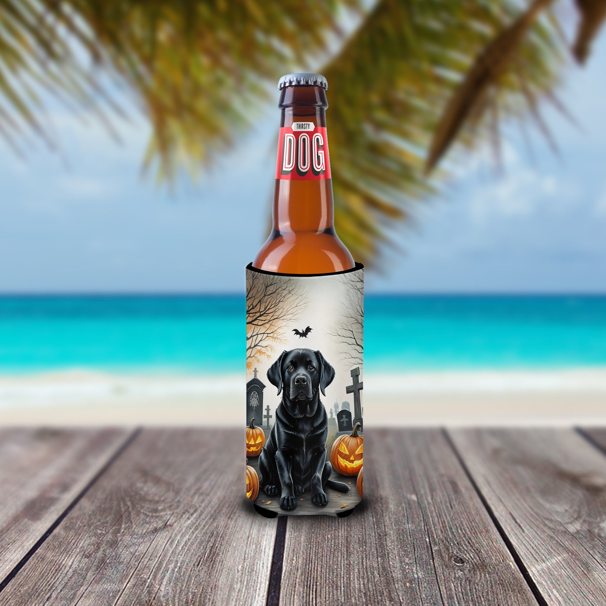 Black Labrador Retriever Spooky Halloween Slim Can Hugger , Insulated Foam Hugger for 12 oz Slim Cans, Beer Bottles & Water Bottles, Printed in USA