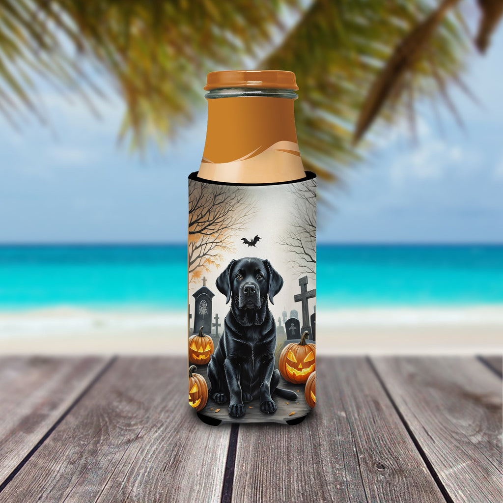 Black Labrador Retriever Spooky Halloween Slim Can Hugger , Insulated Foam Hugger for 12 oz Slim Cans, Beer Bottles & Water Bottles, Printed in USA
