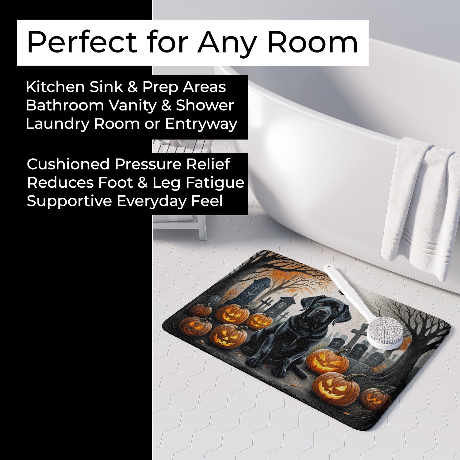 Black Labrador Retriever Spooky Halloween Memory Foam Kitchen Mat Machine Washable Anti-Fatigue Cushion Comfort Bath or Kitchen Rug