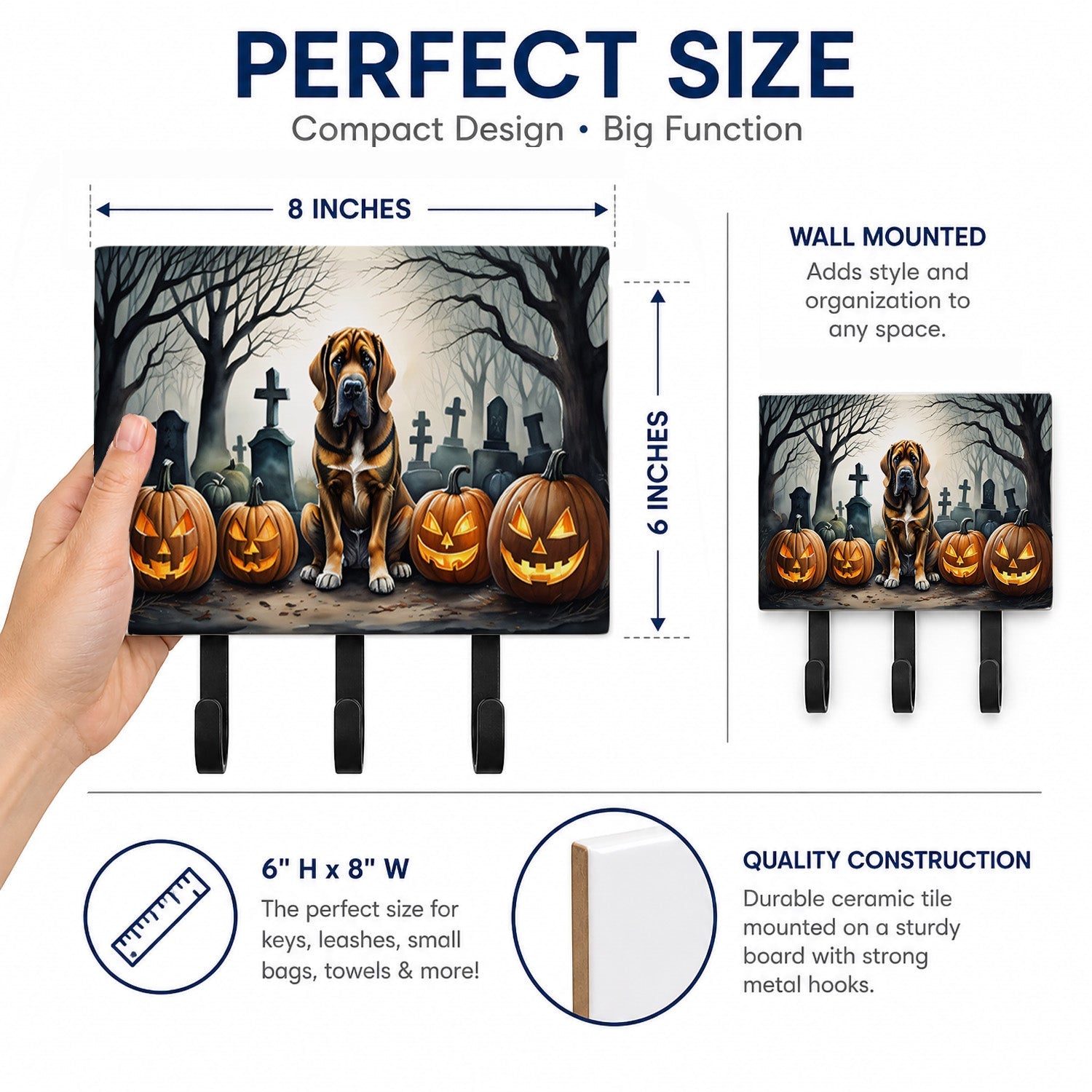 Bloodhound Spooky Halloween Leash or Key Holder Wall Hooks, Coat Rack Wall Mount, for Hanging Keys, Towels, Aprons, Leashes