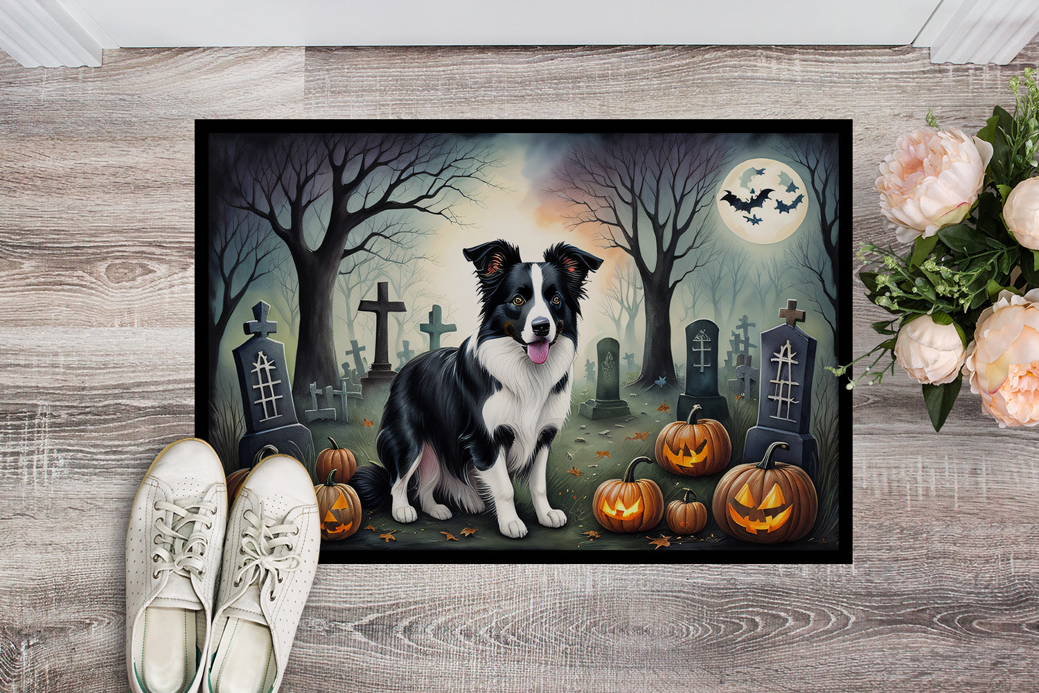 Border Collie Spooky Halloween Doormat Indoor Outdoor 24H X 36W Front Door Mat Rugs for Entryway, Non Slip Washable Low Pile,