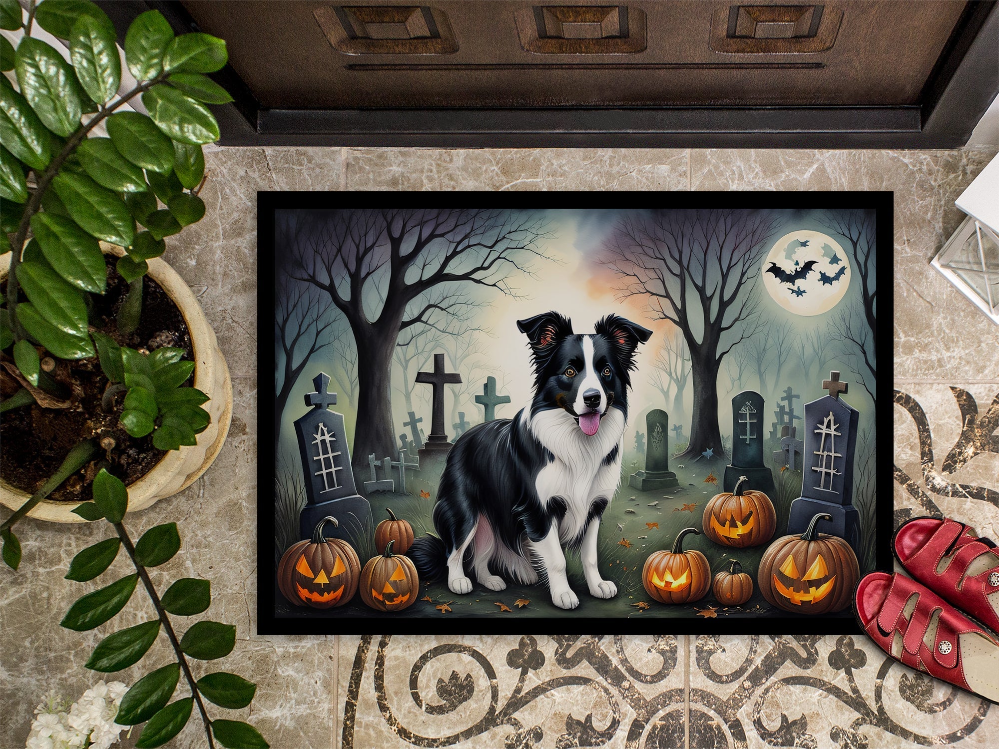 Border Collie Spooky Halloween Doormat Indoor Outdoor 18H X 27W Front Door Mat Rugs for Entryway, Non Slip Washable