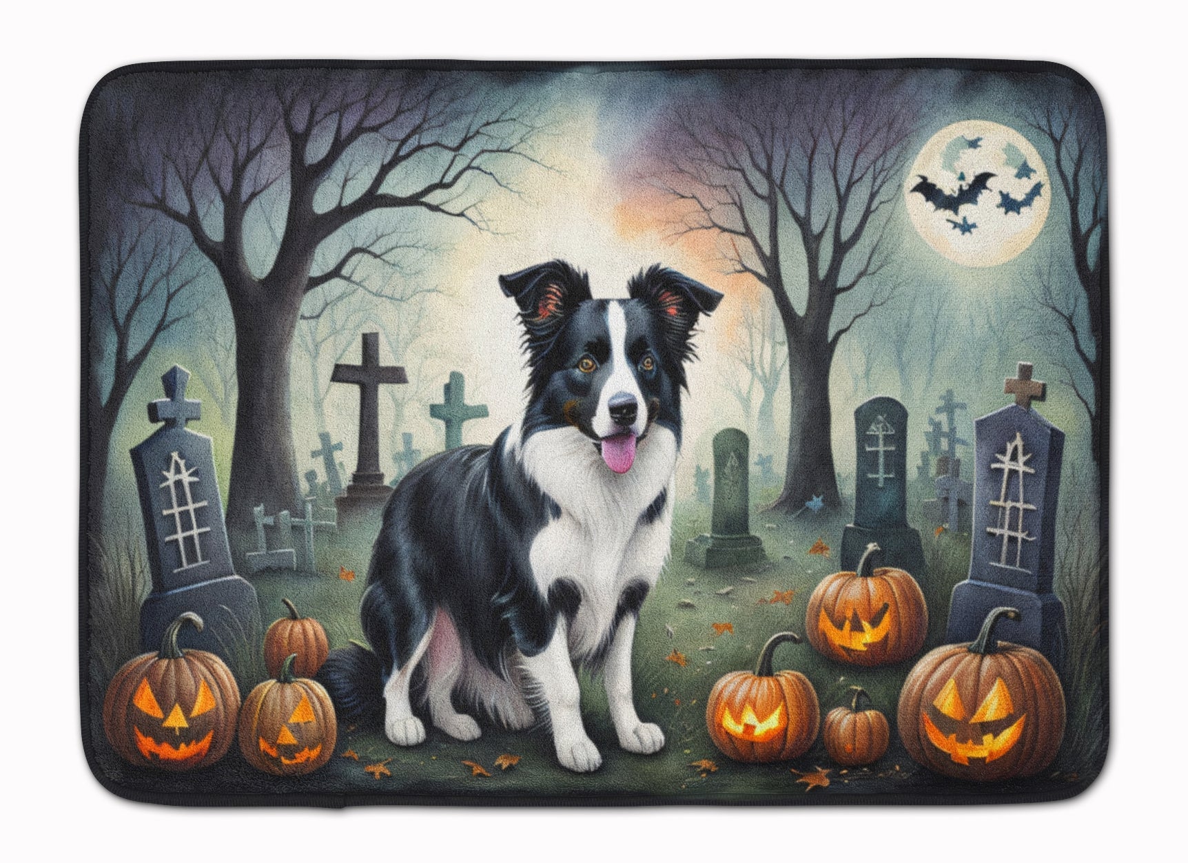 Border Collie Spooky Halloween Memory Foam Kitchen Mat Machine Washable Anti-Fatigue Cushion Comfort Bath or Kitchen Rug
