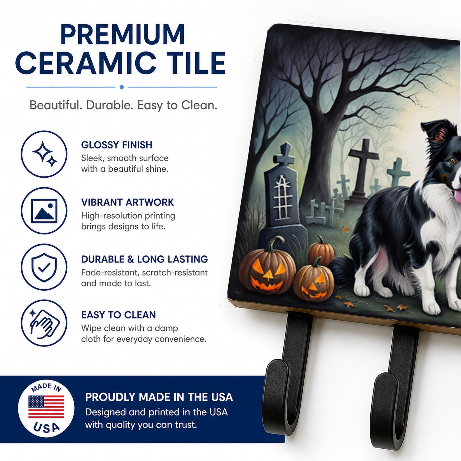 Border Collie Spooky Halloween Leash or Key Holder Wall Hooks, Coat Rack Wall Mount, for Hanging Keys, Towels, Aprons, Leashes