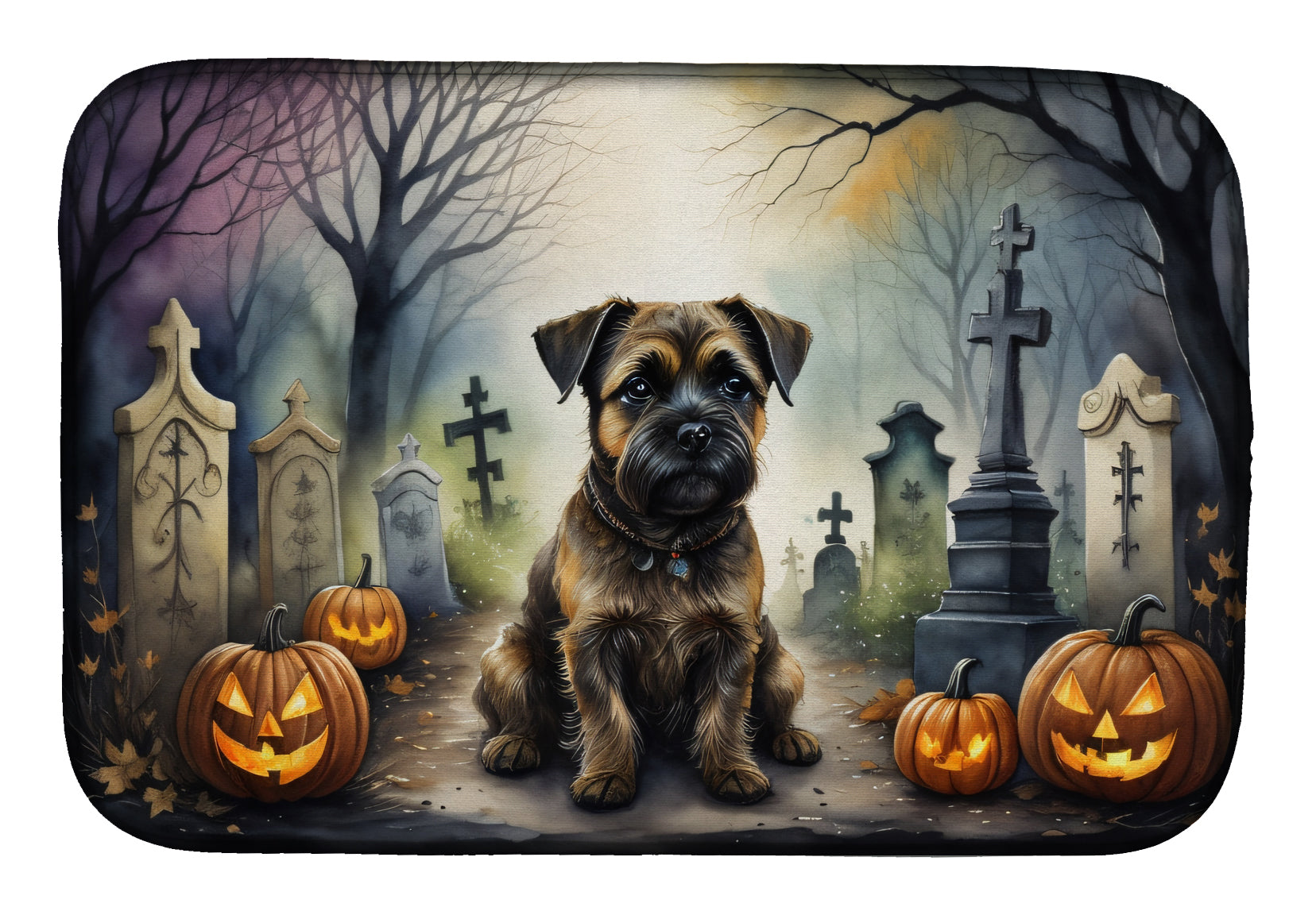 Border Terrier Spooky Halloween Dish Drying Mat Absorbent Dish Drying Mat Pad for Kitchen Counter Dish Drainer Mat for Countertop, 14 x 21", Multicolor