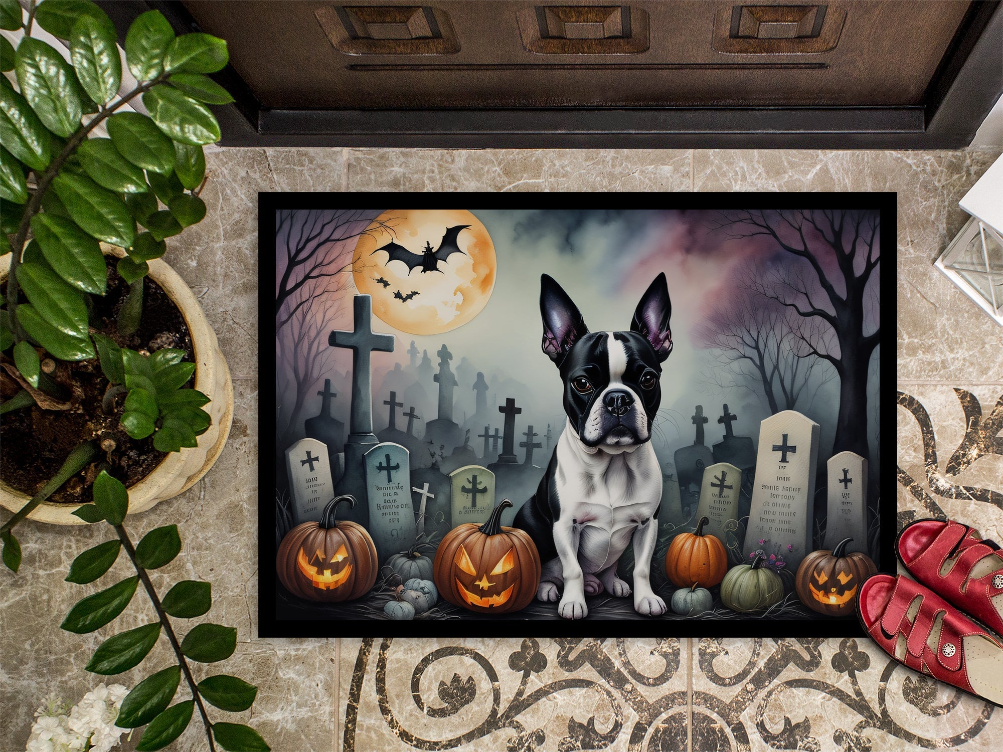 Boston Terrier Spooky Halloween Doormat Indoor Outdoor 24H X 36W Front Door Mat Rugs for Entryway, Non Slip Washable Low Pile,