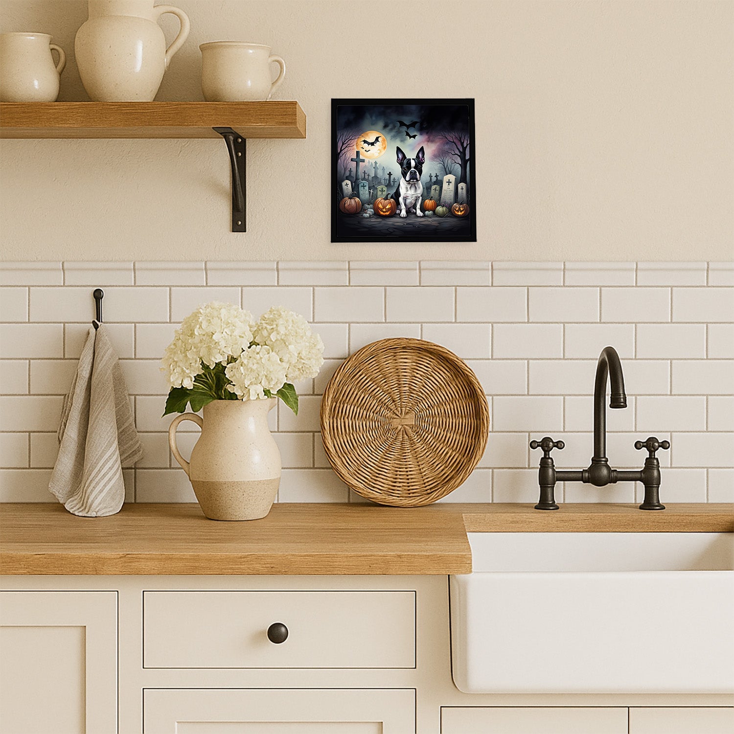 Boston Terrier Spooky Halloween Framed Metal Print Bathroom, Kitchen, Office, Home Decor Wall Art Ready to Hang, Square, 8X8