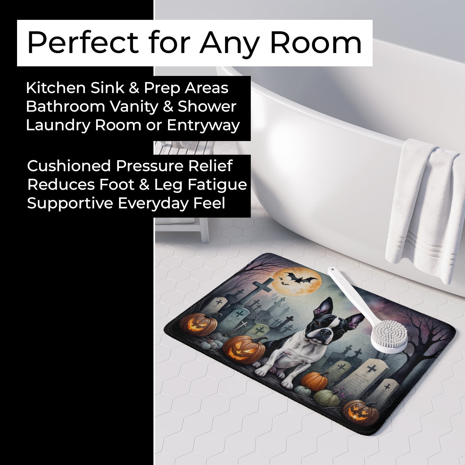 Boston Terrier Spooky Halloween Memory Foam Kitchen Mat Machine Washable Anti-Fatigue Cushion Comfort Bath or Kitchen Rug