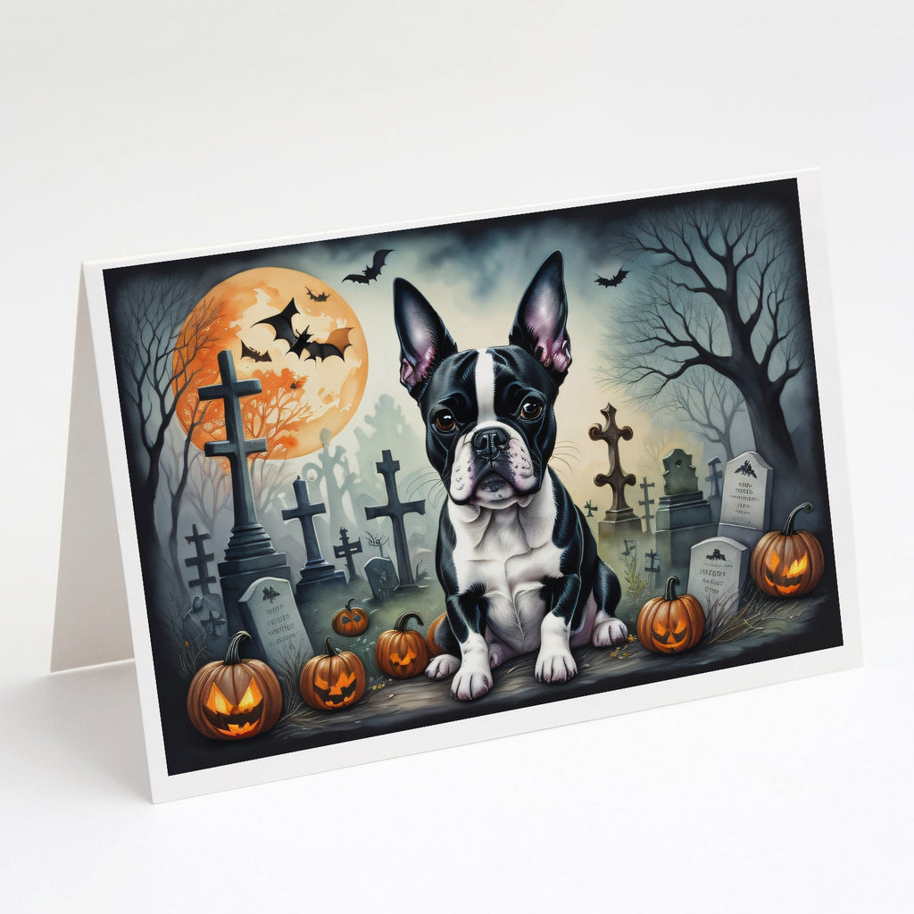 Boston Terrier Spooky Halloween Greeting Cards Pack of 8 Blank Cards with Envelopes Whimsical A7 Size 5x7