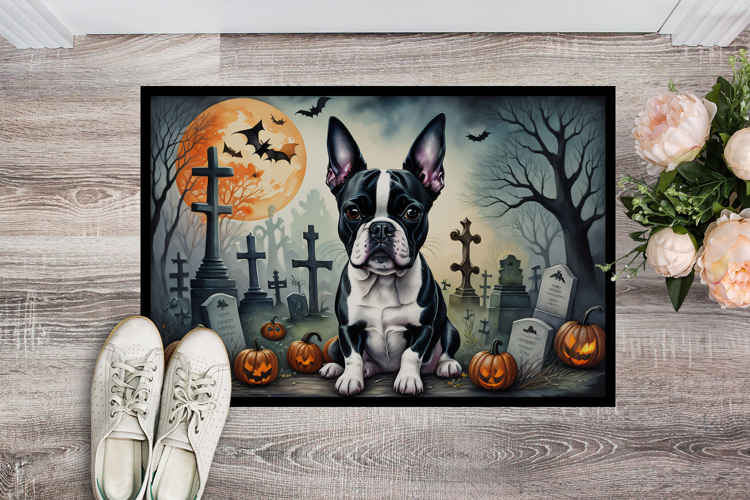 Boston Terrier Spooky Halloween Doormat Indoor Outdoor 24H X 36W Front Door Mat Rugs for Entryway, Non Slip Washable Low Pile,