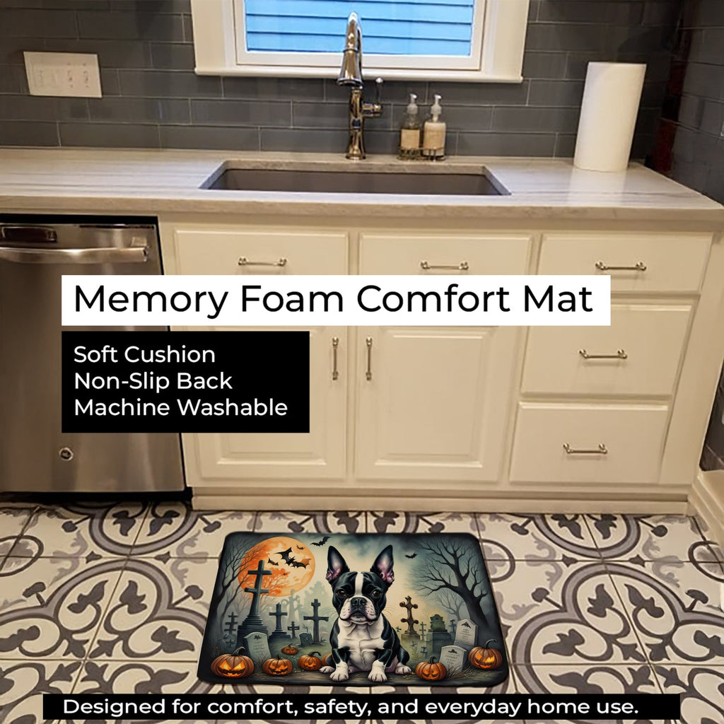Boston Terrier Spooky Halloween Memory Foam Kitchen Mat Machine Washable Anti-Fatigue Cushion Comfort Bath or Kitchen Rug