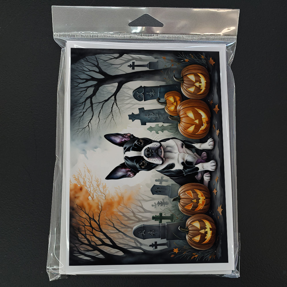 Boston Terrier Spooky Halloween Greeting Cards Pack of 8 Blank Cards with Envelopes Whimsical A7 Size 5x7