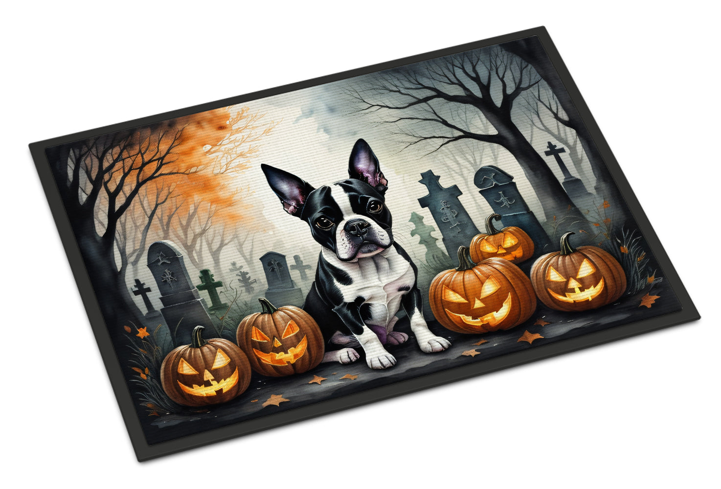 Boston Terrier Spooky Halloween Doormat Indoor Outdoor 18H X 27W Front Door Mat Rugs for Entryway, Non Slip Washable