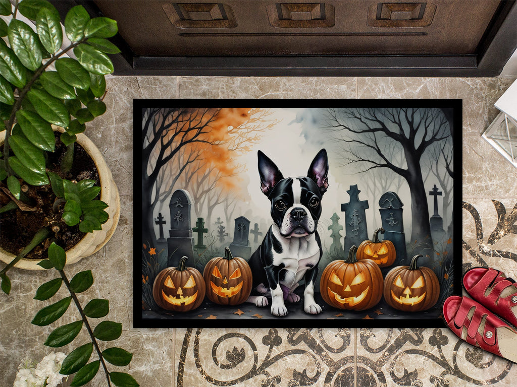 Boston Terrier Spooky Halloween Doormat Indoor Outdoor 18H X 27W Front Door Mat Rugs for Entryway, Non Slip Washable
