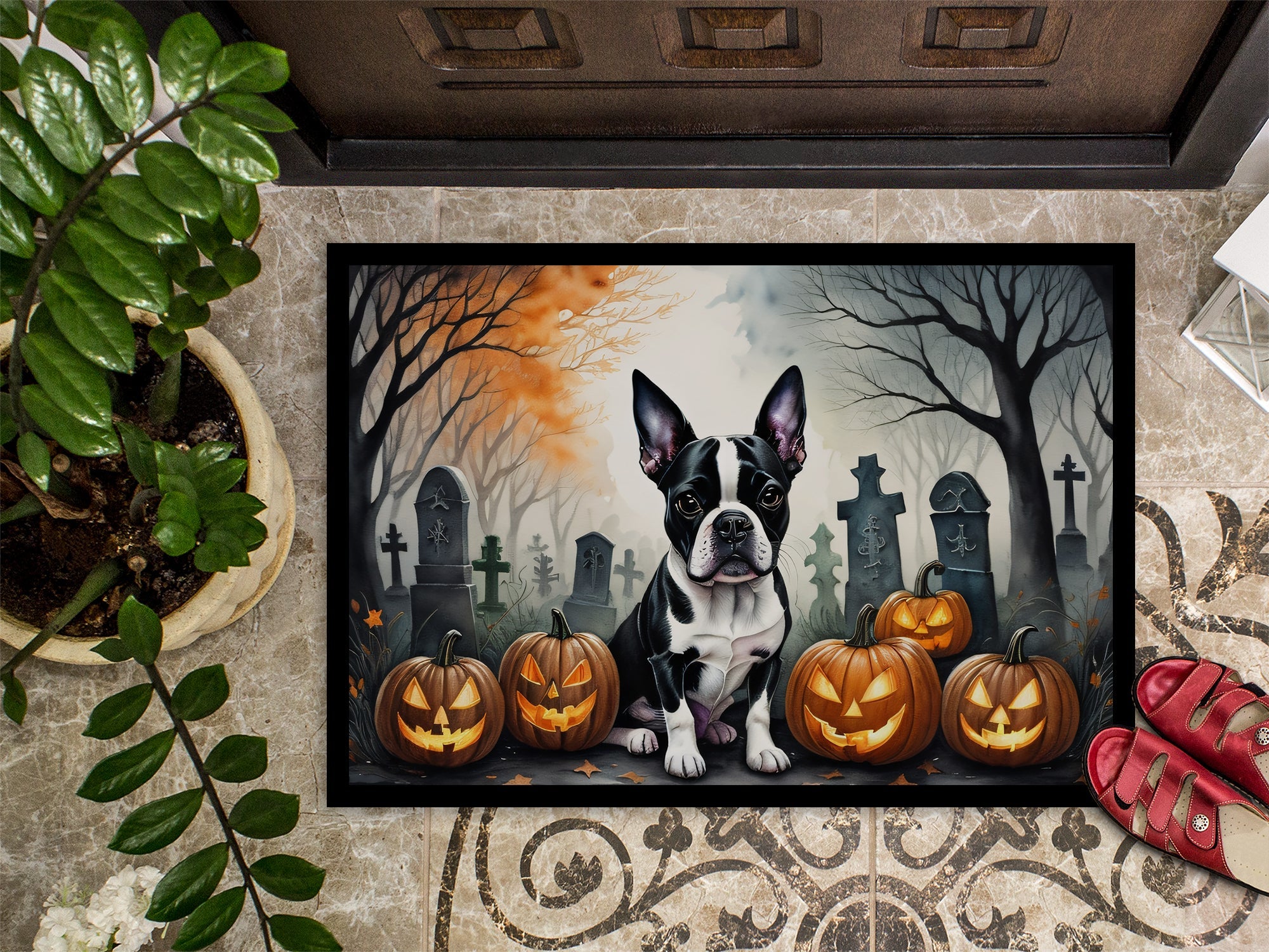 Boston Terrier Spooky Halloween Doormat Indoor Outdoor 18H X 27W Front Door Mat Rugs for Entryway, Non Slip Washable