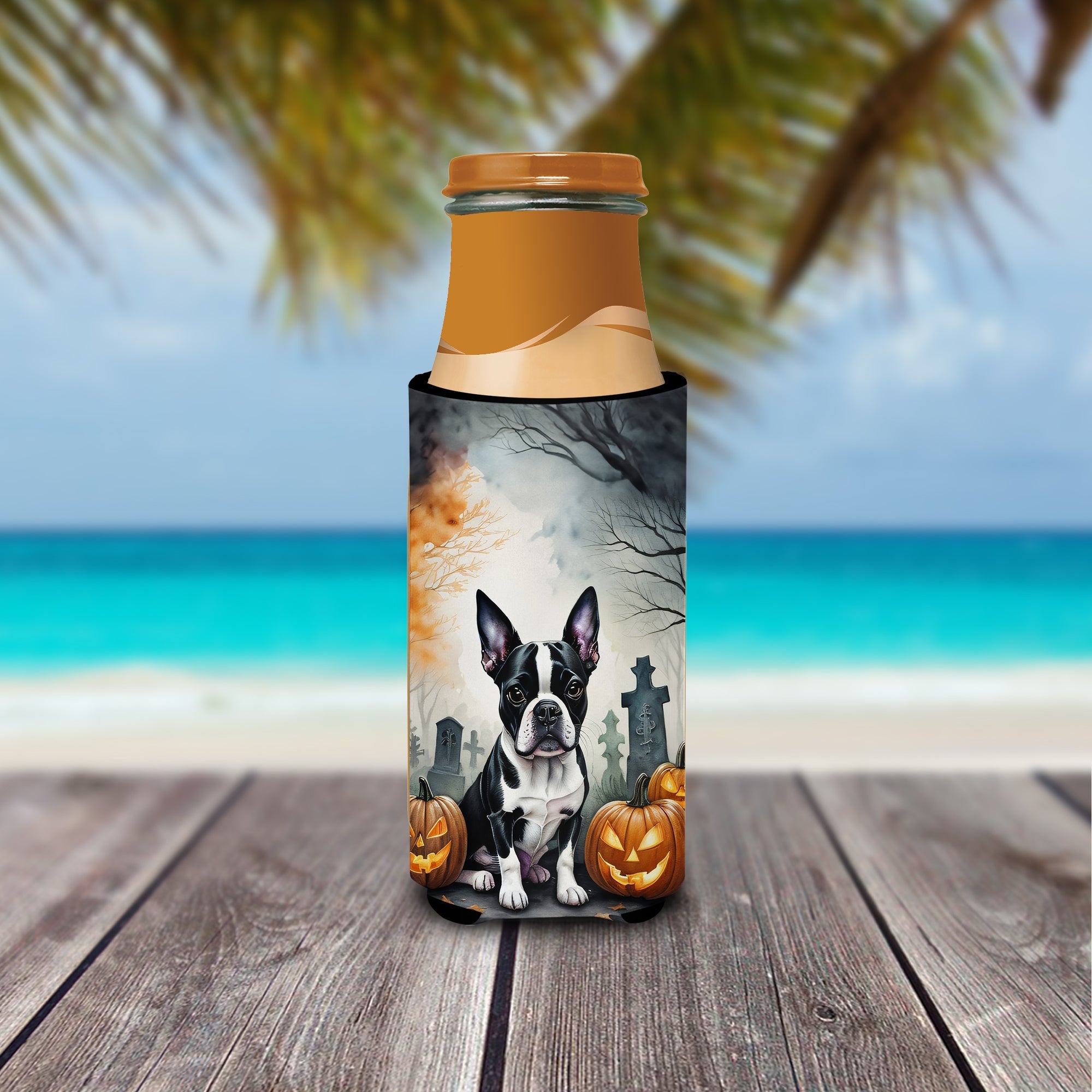 Boston Terrier Spooky Halloween Slim Can Hugger , Insulated Foam Hugger for 12 oz Slim Cans, Beer Bottles & Water Bottles, Printed in USA