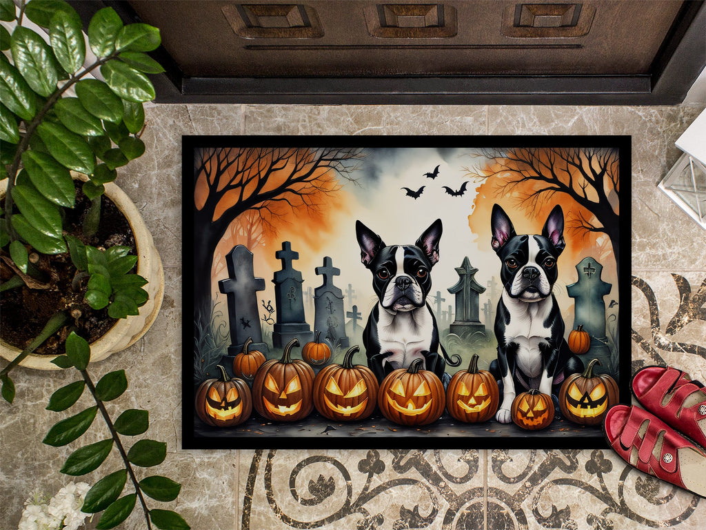 Boston Terrier Spooky Halloween Doormat Indoor Outdoor 24H X 36W Front Door Mat Rugs for Entryway, Non Slip Washable Low Pile,