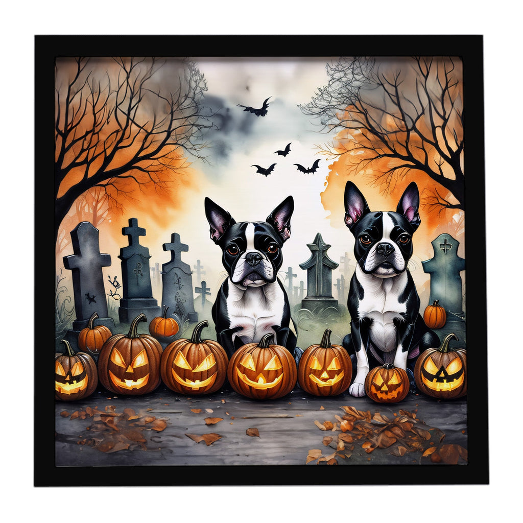 Boston Terrier Spooky Halloween Framed Metal Print Bathroom, Kitchen, Office, Home Decor Wall Art Ready to Hang, Square, 8X8