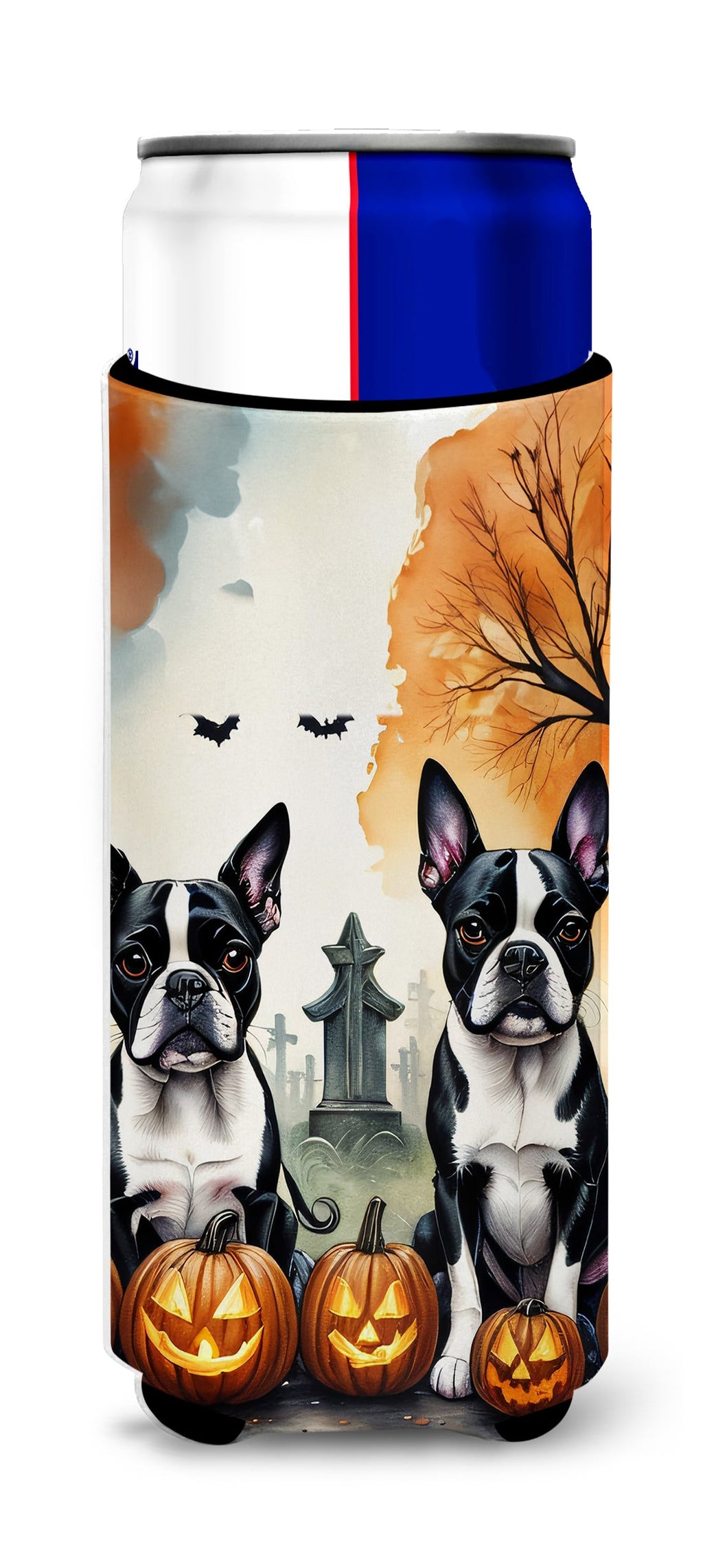 Boston Terrier Spooky Halloween Slim Can Hugger , Insulated Foam Hugger for 12 oz Slim Cans, Beer Bottles & Water Bottles, Printed in USA