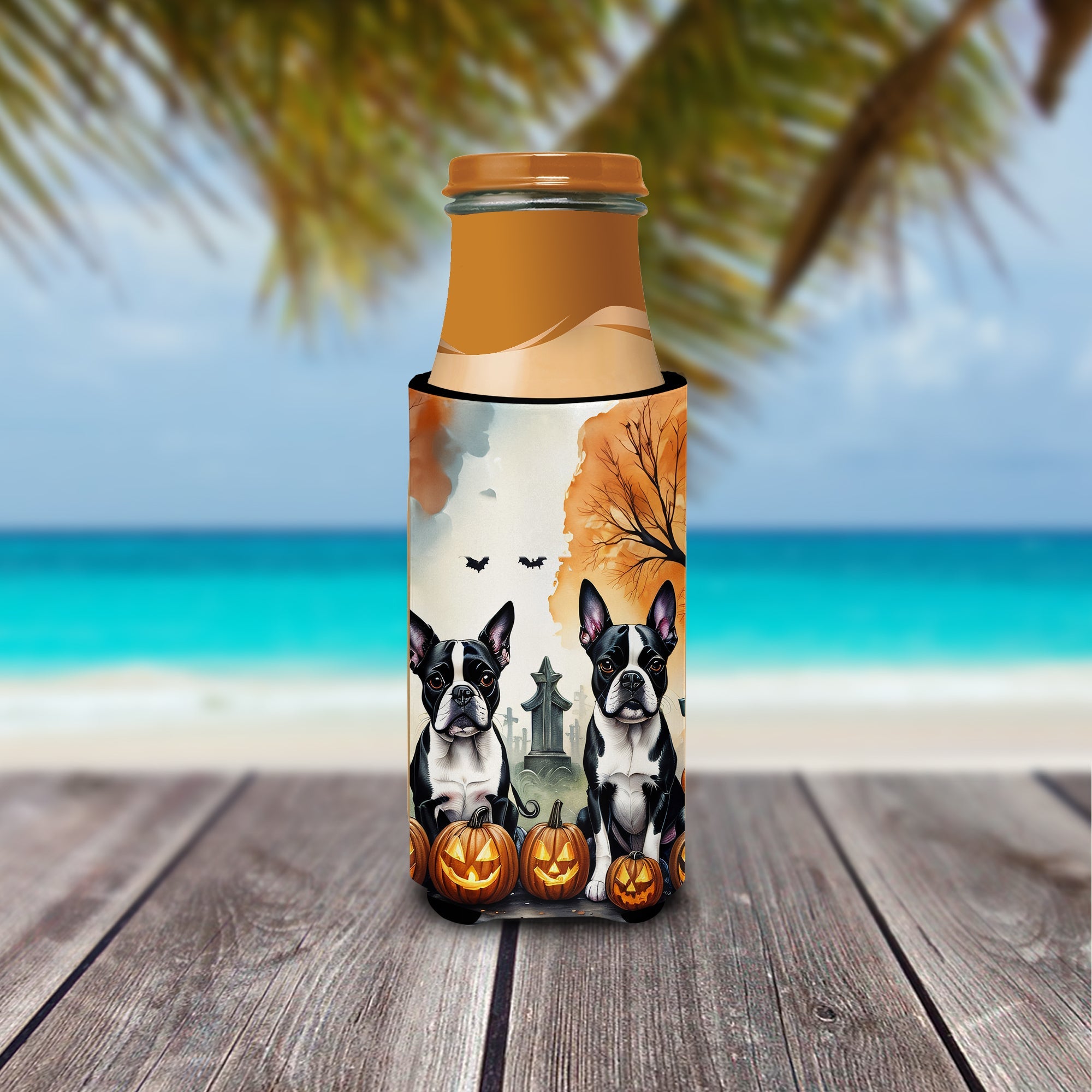 Boston Terrier Spooky Halloween Slim Can Hugger , Insulated Foam Hugger for 12 oz Slim Cans, Beer Bottles & Water Bottles, Printed in USA