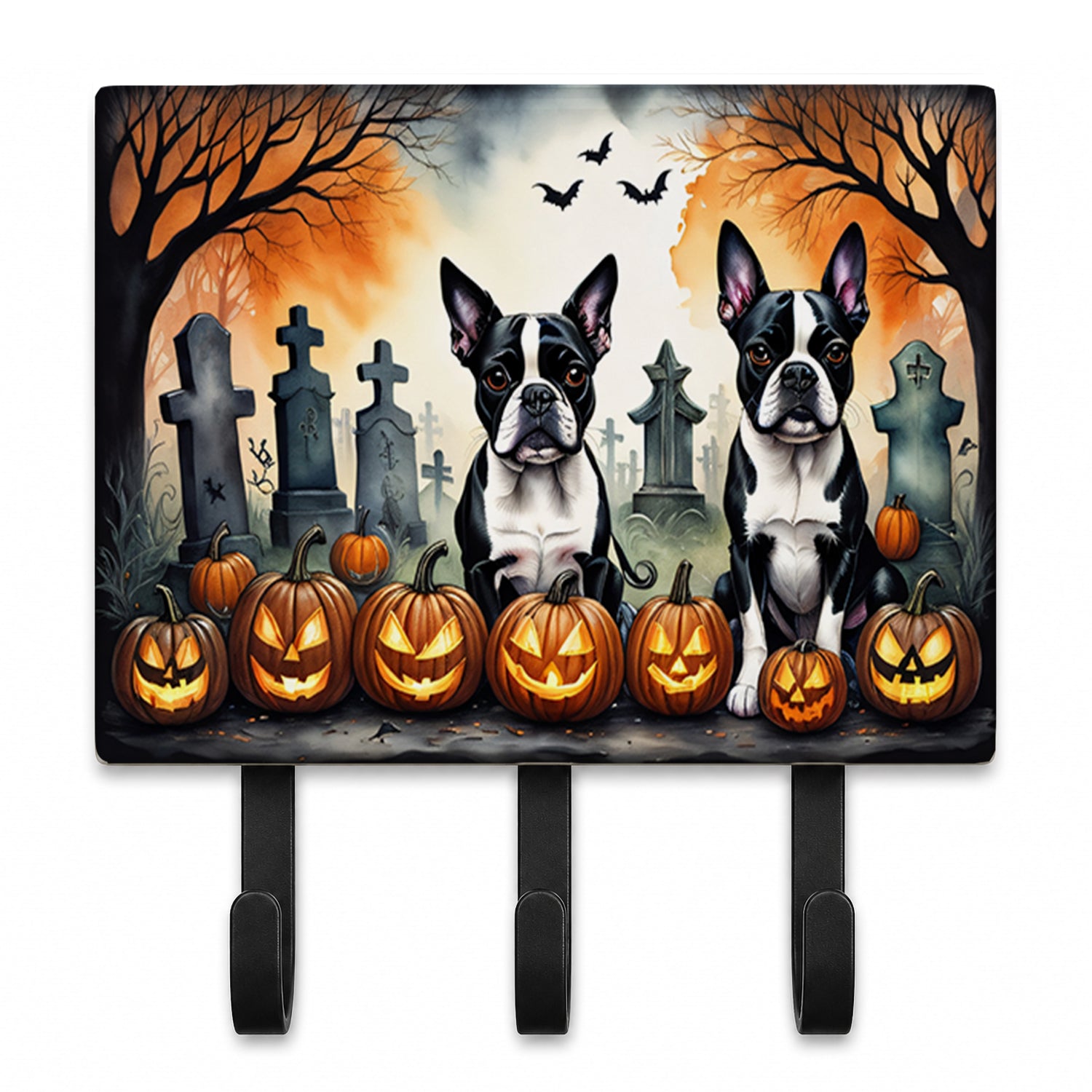 Boston Terrier Spooky Halloween Leash or Key Holder Wall Hooks, Coat Rack Wall Mount, for Hanging Keys, Towels, Aprons, Leashes