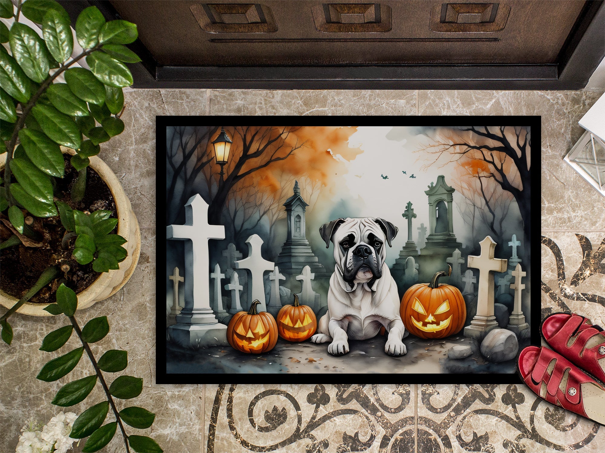 Boxer Spooky Halloween Doormat Indoor Outdoor 18H X 27W Front Door Mat Rugs for Entryway, Non Slip Washable