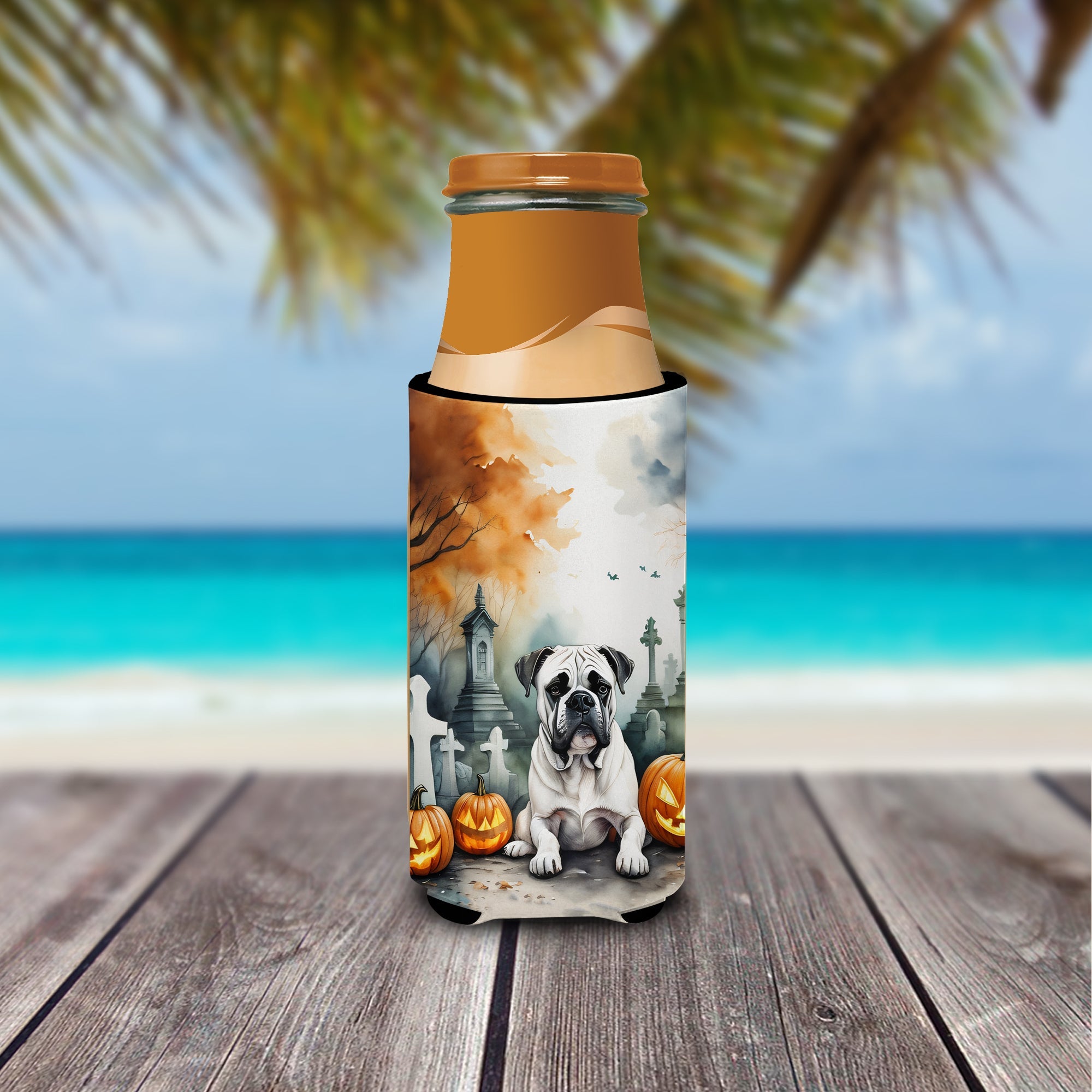 Boxer Spooky Halloween Slim Can Hugger , Insulated Foam Hugger for 12 oz Slim Cans, Beer Bottles & Water Bottles, Printed in USA