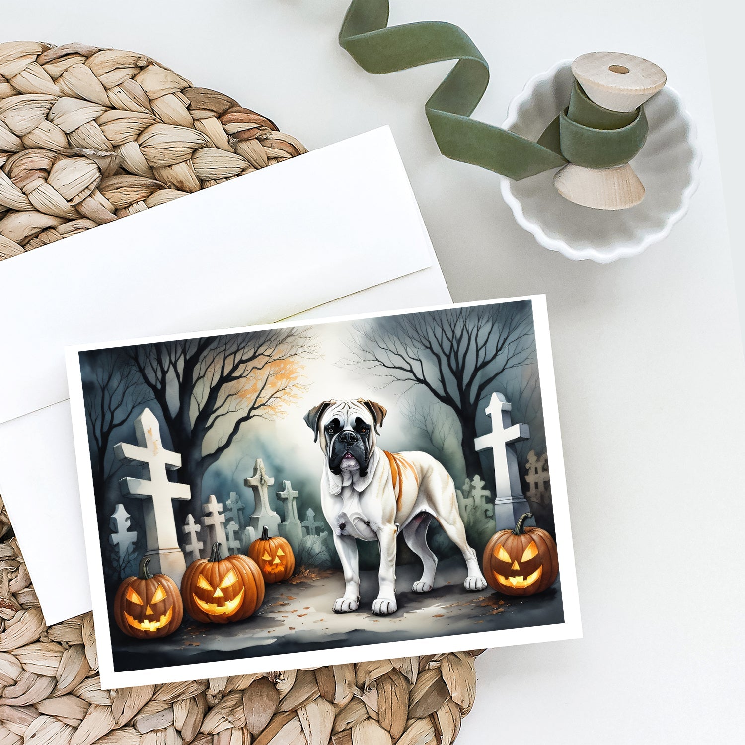 Boxer Spooky Halloween Greeting Cards Pack of 8 Blank Cards with Envelopes Whimsical A7 Size 5x7