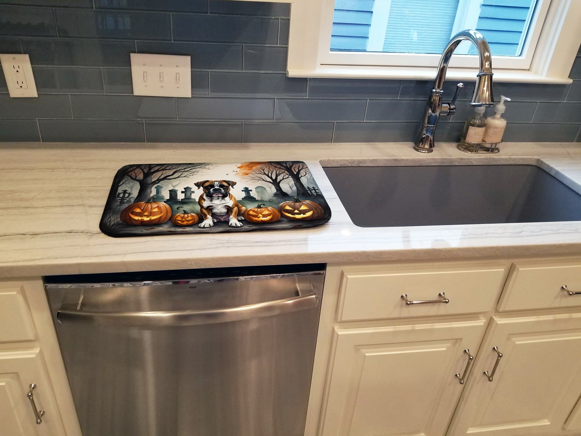 Boxer Spooky Halloween Dish Drying Mat Absorbent Dish Drying Mat Pad for Kitchen Counter Dish Drainer Mat for Countertop, 14 x 21", Multicolor