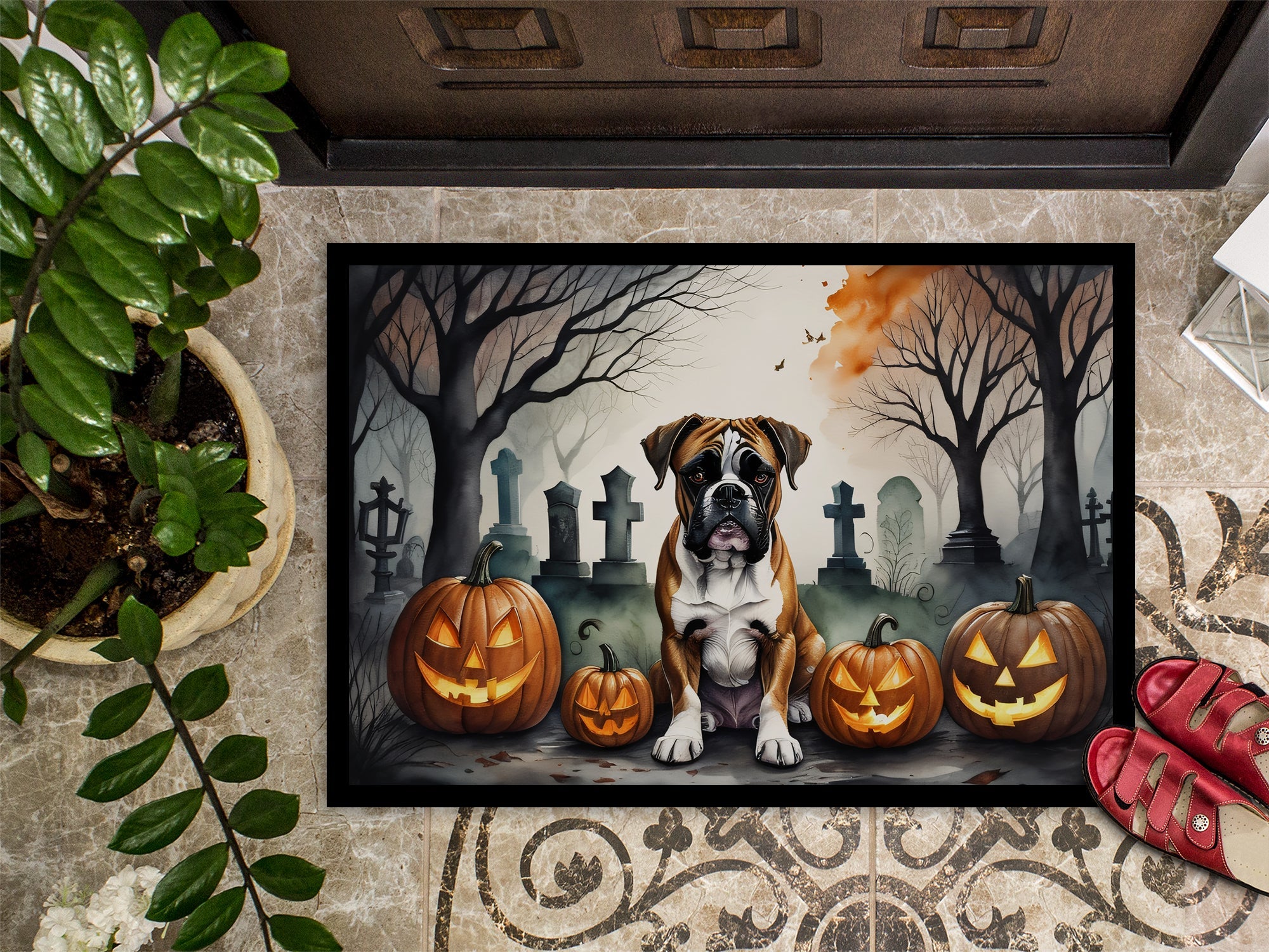 Boxer Spooky Halloween Doormat Indoor Outdoor 24H X 36W Front Door Mat Rugs for Entryway, Non Slip Washable Low Pile,