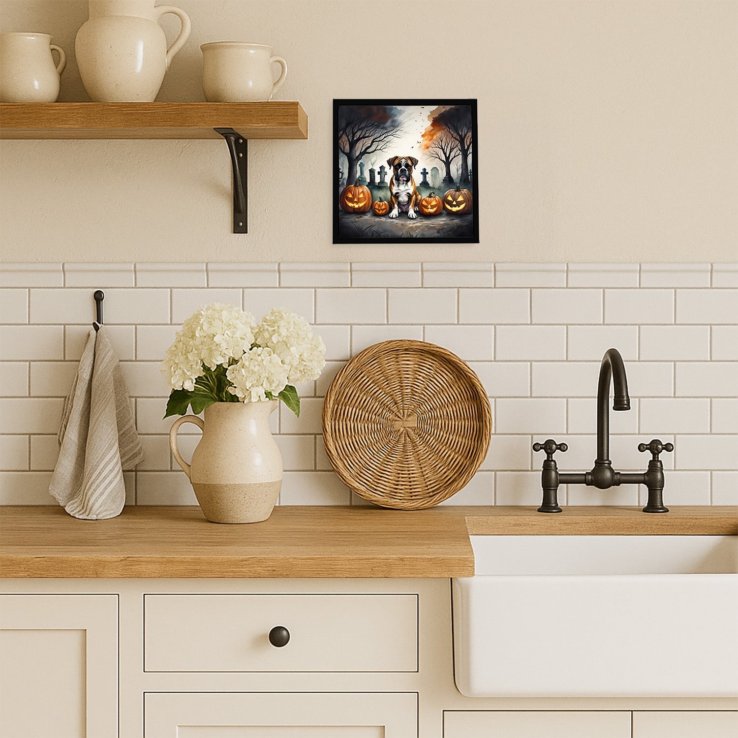 Boxer Spooky Halloween Framed Metal Print Bathroom, Kitchen, Office, Home Decor Wall Art Ready to Hang, Square, 8X8