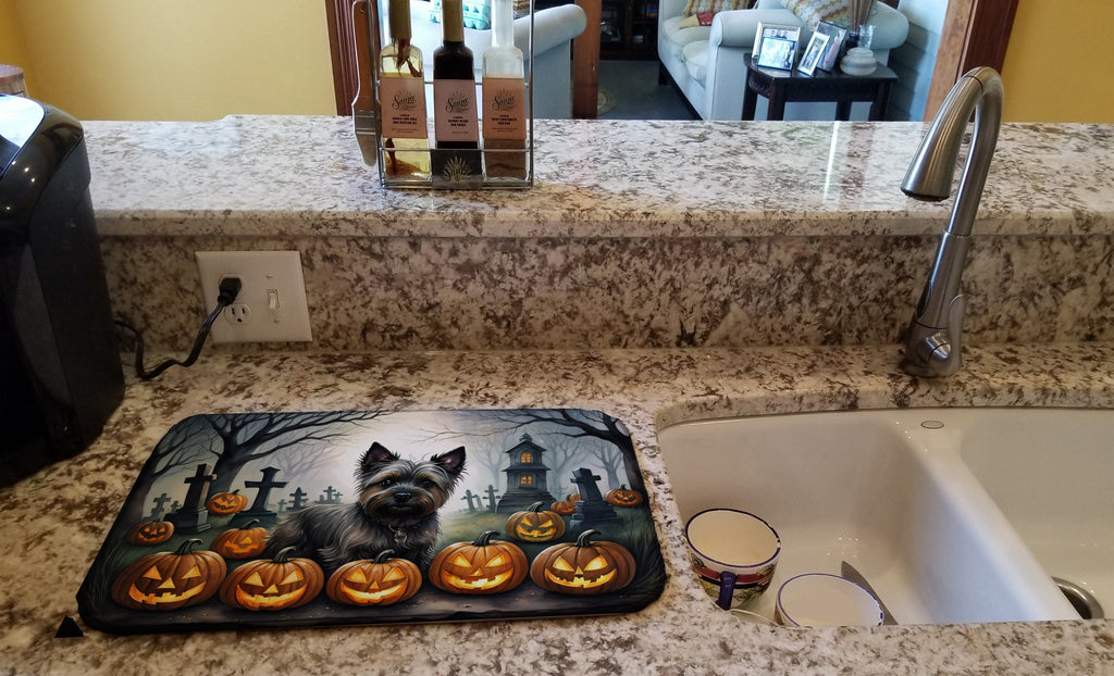 Cairn Terrier Spooky Halloween Dish Drying Mat Absorbent Dish Drying Mat Pad for Kitchen Counter Dish Drainer Mat for Countertop, 14 x 21", Multicolor