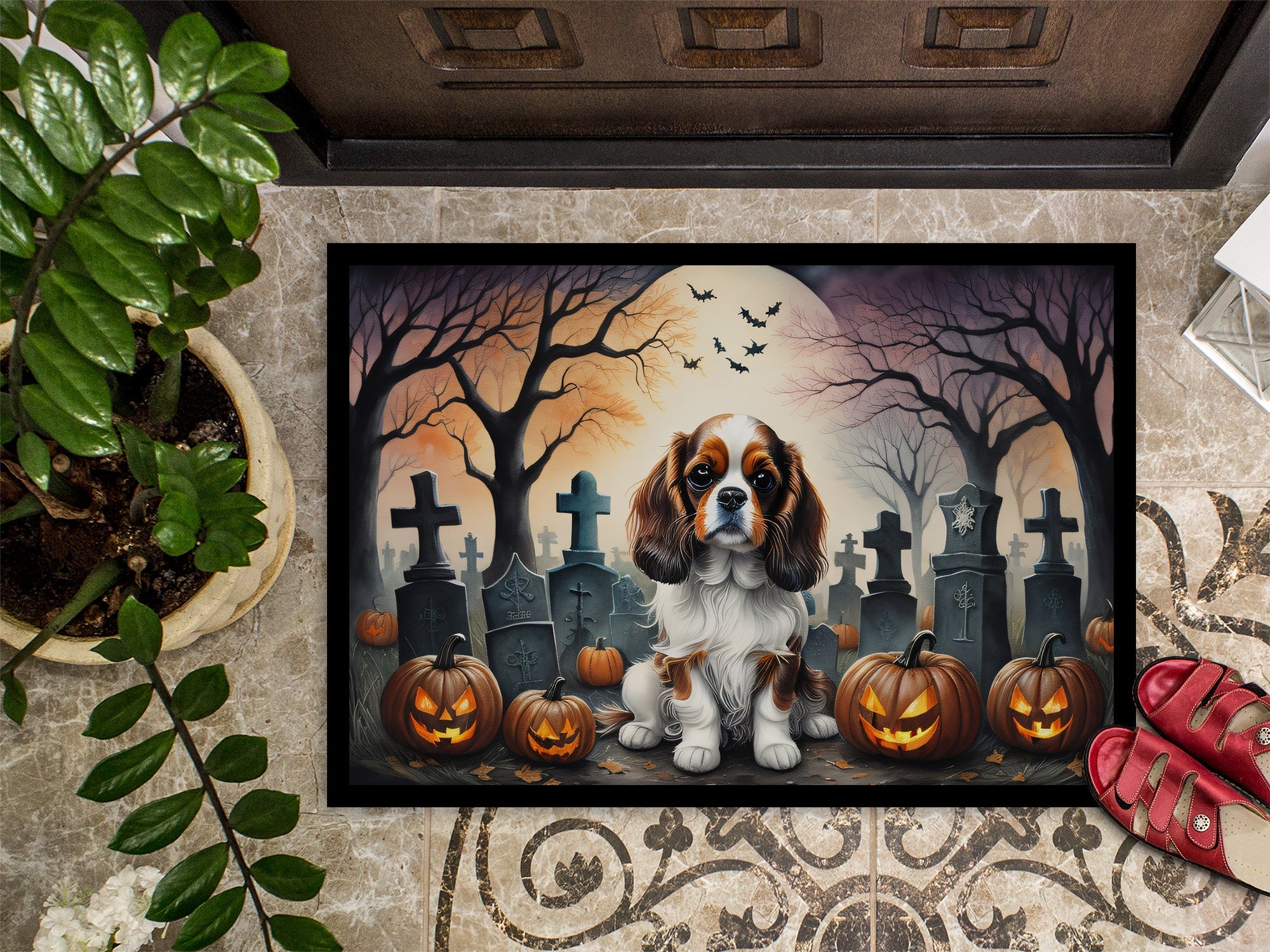 Cavalier Spaniel Spooky Halloween Doormat Indoor Outdoor 18H X 27W Front Door Mat Rugs for Entryway, Non Slip Washable