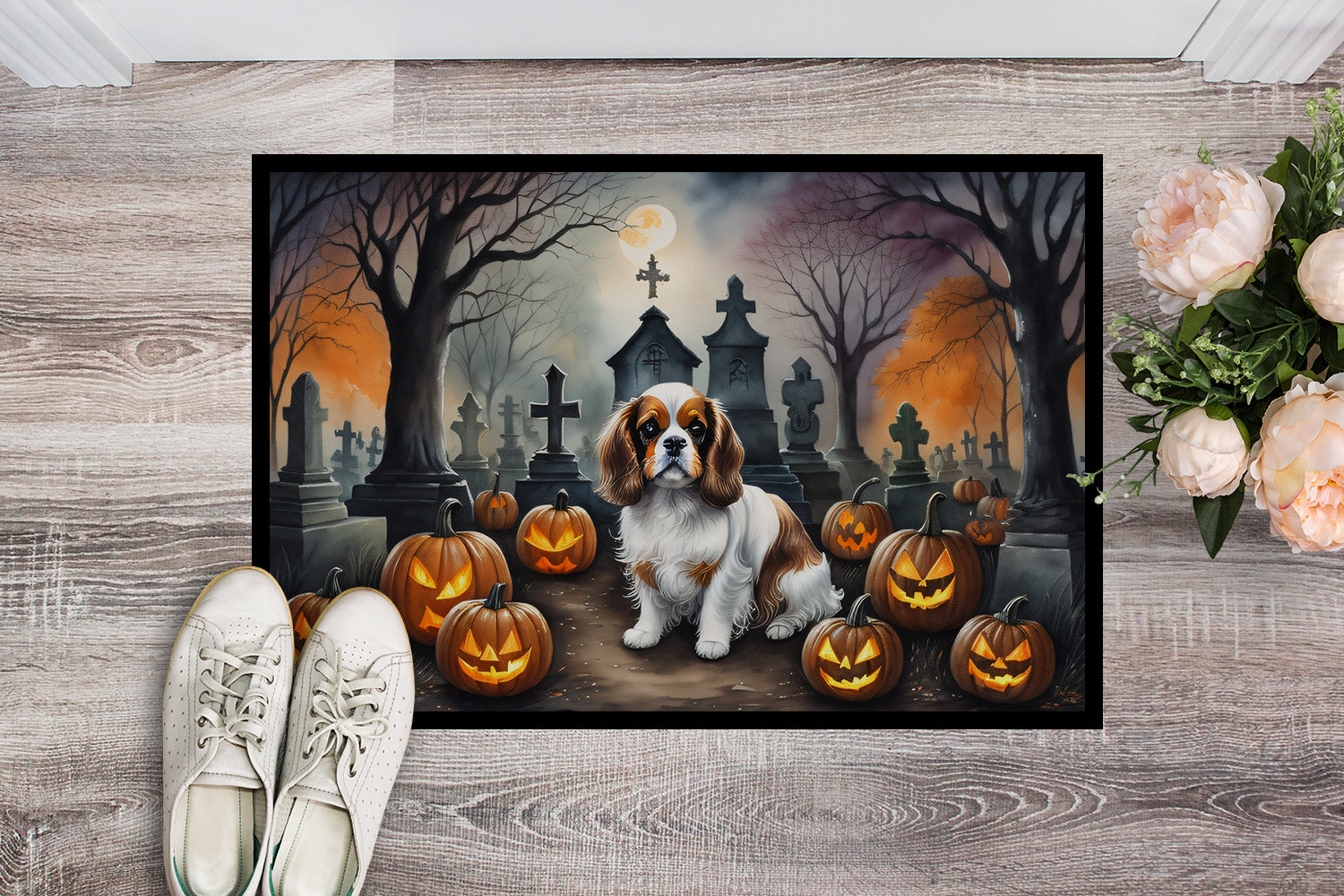 Cavalier Spaniel Spooky Halloween Doormat Indoor Outdoor 24H X 36W Front Door Mat Rugs for Entryway, Non Slip Washable Low Pile,