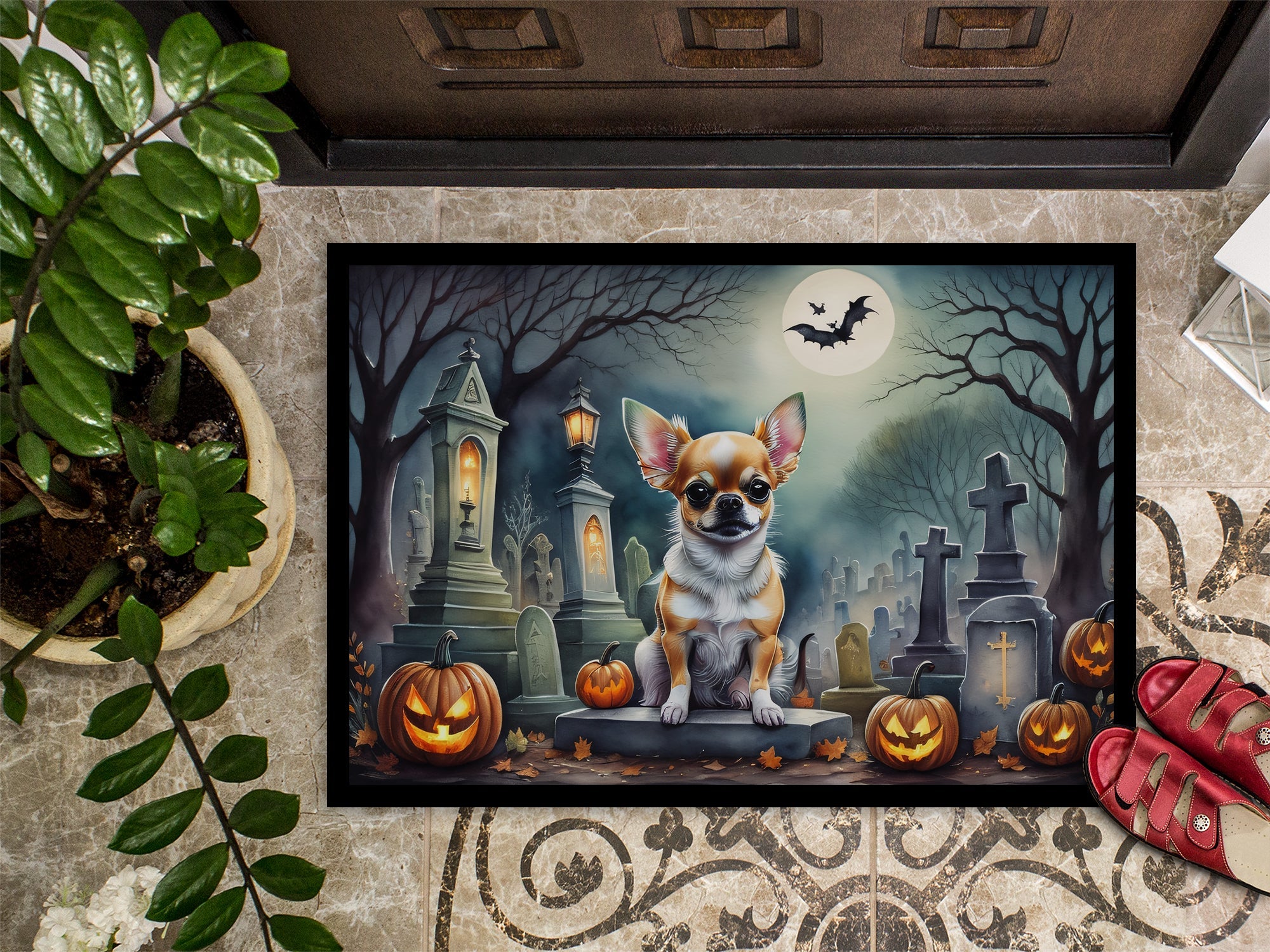 Chihuahua Spooky Halloween Doormat Indoor Outdoor 24H X 36W Front Door Mat Rugs for Entryway, Non Slip Washable Low Pile,