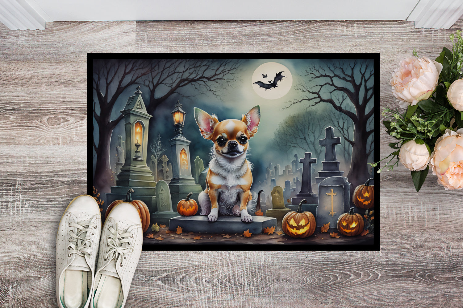 Chihuahua Spooky Halloween Doormat Indoor Outdoor 18H X 27W Front Door Mat Rugs for Entryway, Non Slip Washable