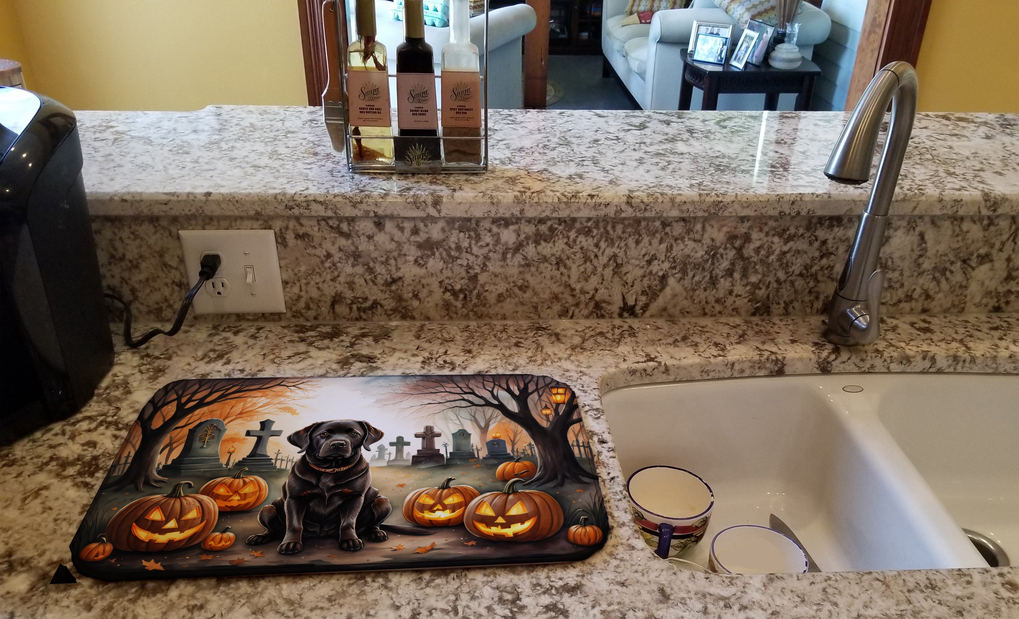 Chocolate Labrador Retriever Spooky Halloween Dish Drying Mat Absorbent Dish Drying Mat Pad for Kitchen Counter Dish Drainer Mat for Countertop, 14 x 21", Multicolor