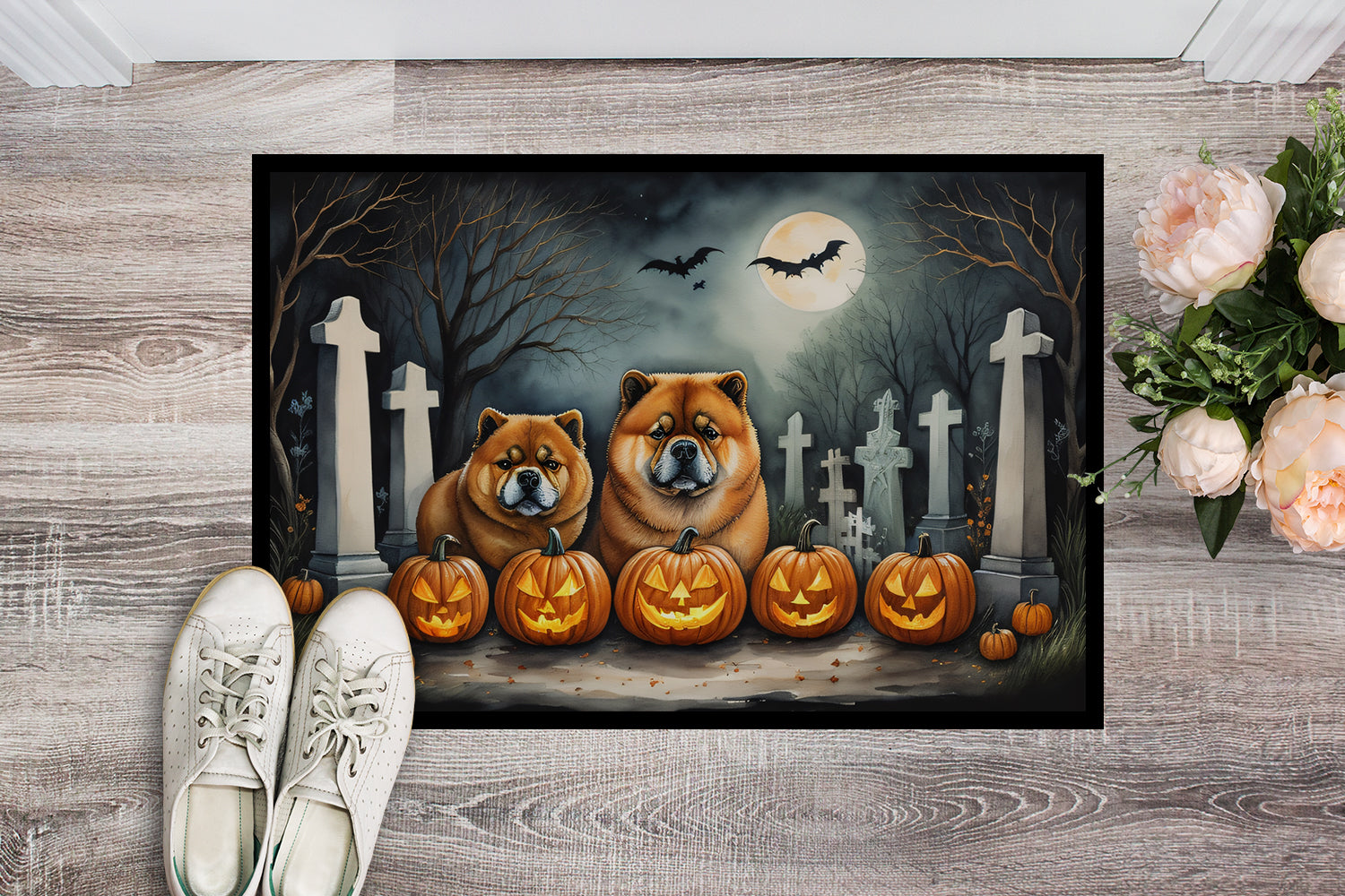 Chow Chow Spooky Halloween Doormat Indoor Outdoor 24H X 36W Front Door Mat Rugs for Entryway, Non Slip Washable Low Pile,