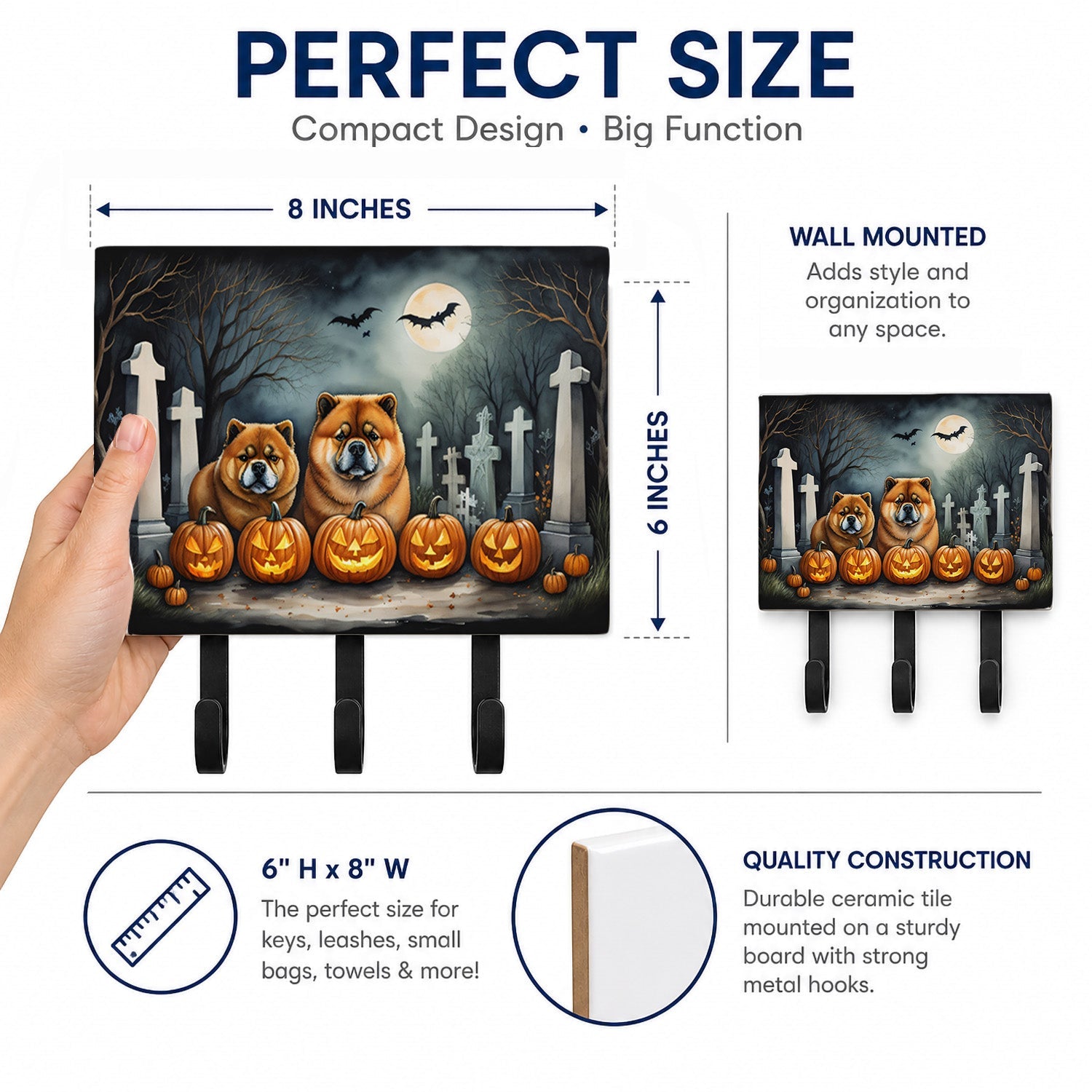 Chow Chow Spooky Halloween Leash or Key Holder Wall Hooks, Coat Rack Wall Mount, for Hanging Keys, Towels, Aprons, Leashes