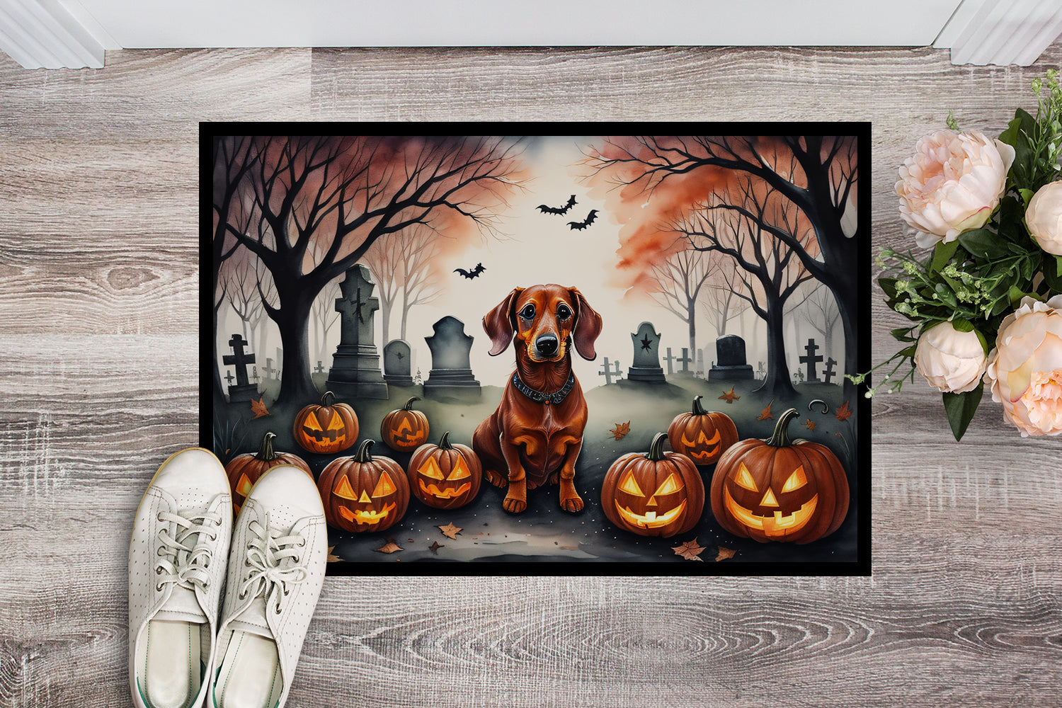 Dachshund Spooky Halloween Doormat Indoor Outdoor 18H X 27W Front Door Mat Rugs for Entryway, Non Slip Washable