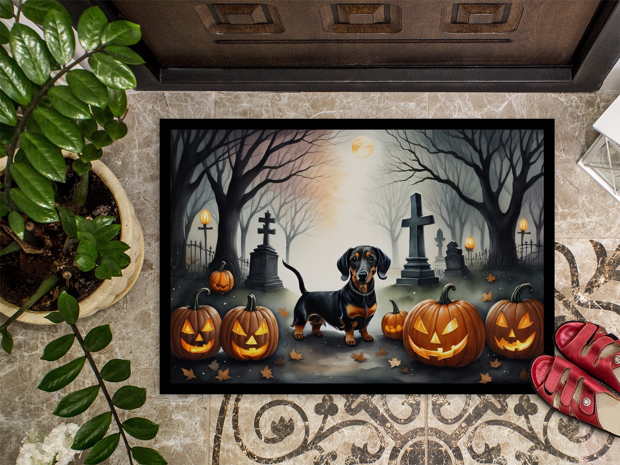 Dachshund Spooky Halloween Doormat Indoor Outdoor 24H X 36W Front Door Mat Rugs for Entryway, Non Slip Washable Low Pile,