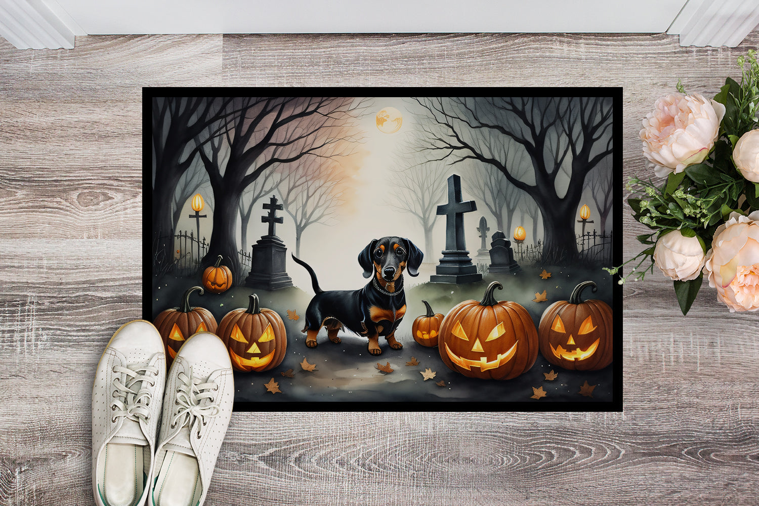 Dachshund Spooky Halloween Doormat Indoor Outdoor 18H X 27W Front Door Mat Rugs for Entryway, Non Slip Washable