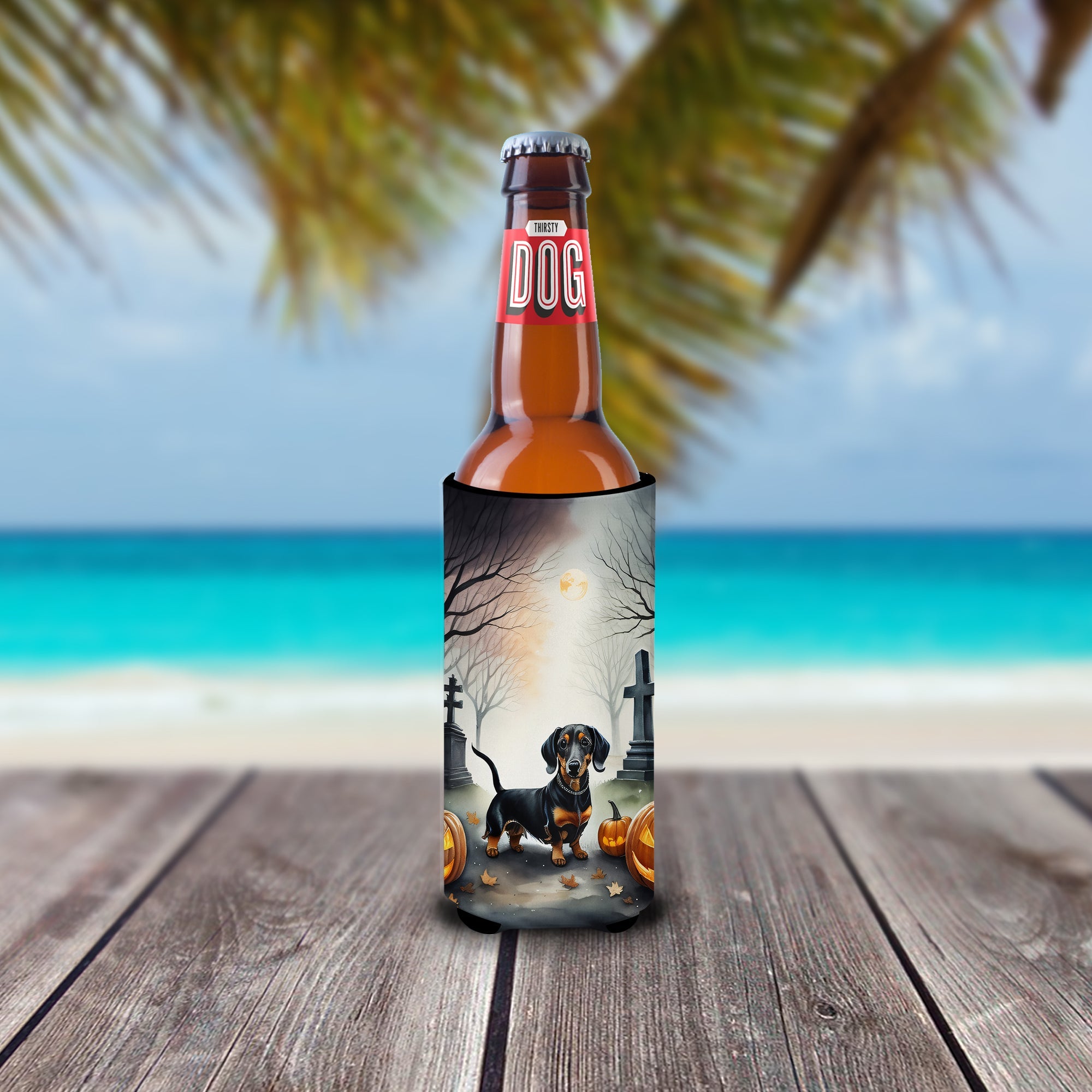 Dachshund Spooky Halloween Slim Can Hugger , Insulated Foam Hugger for 12 oz Slim Cans, Beer Bottles & Water Bottles, Printed in USA