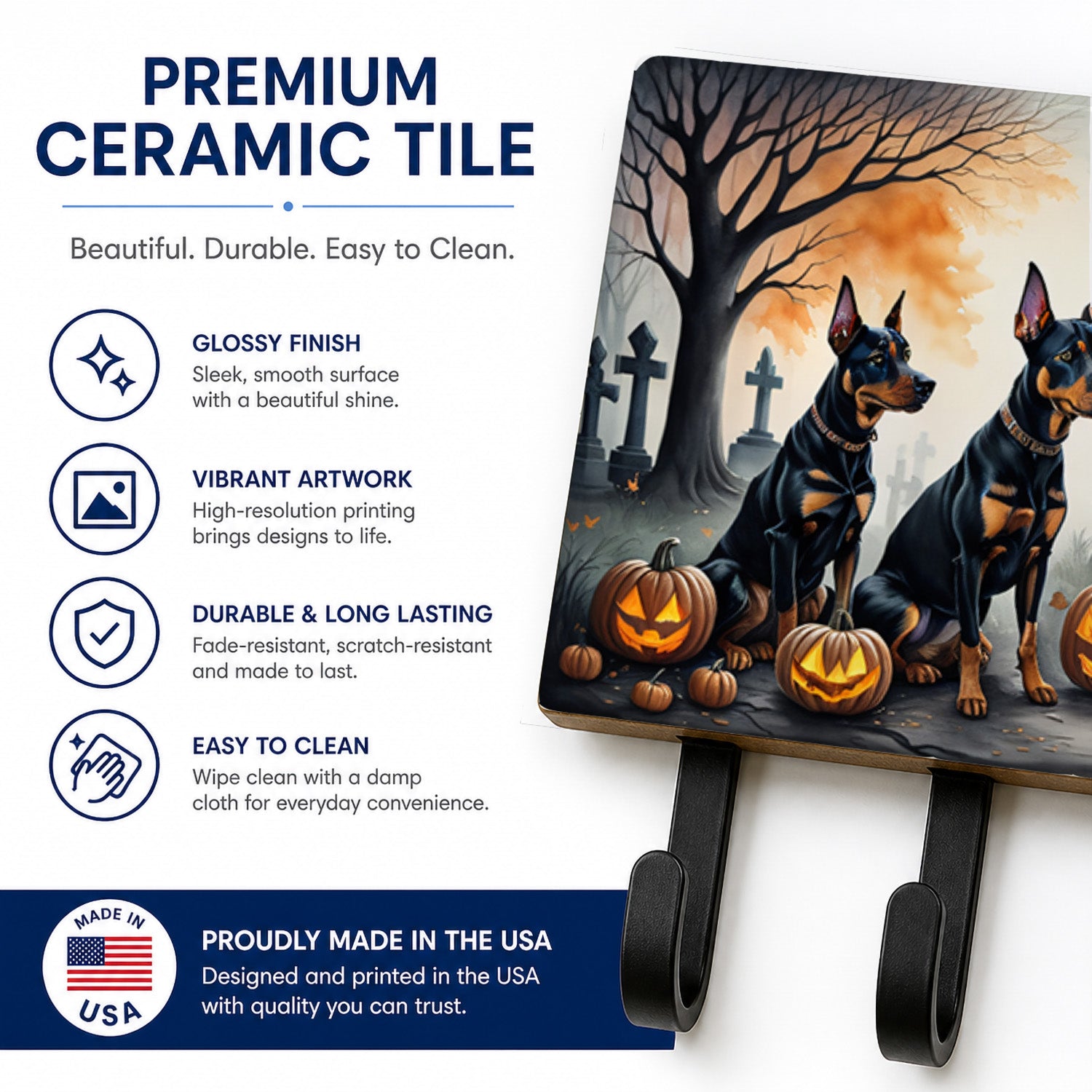 Doberman Pinscher Spooky Halloween Leash or Key Holder Wall Hooks, Coat Rack Wall Mount, for Hanging Keys, Towels, Aprons, Leashes