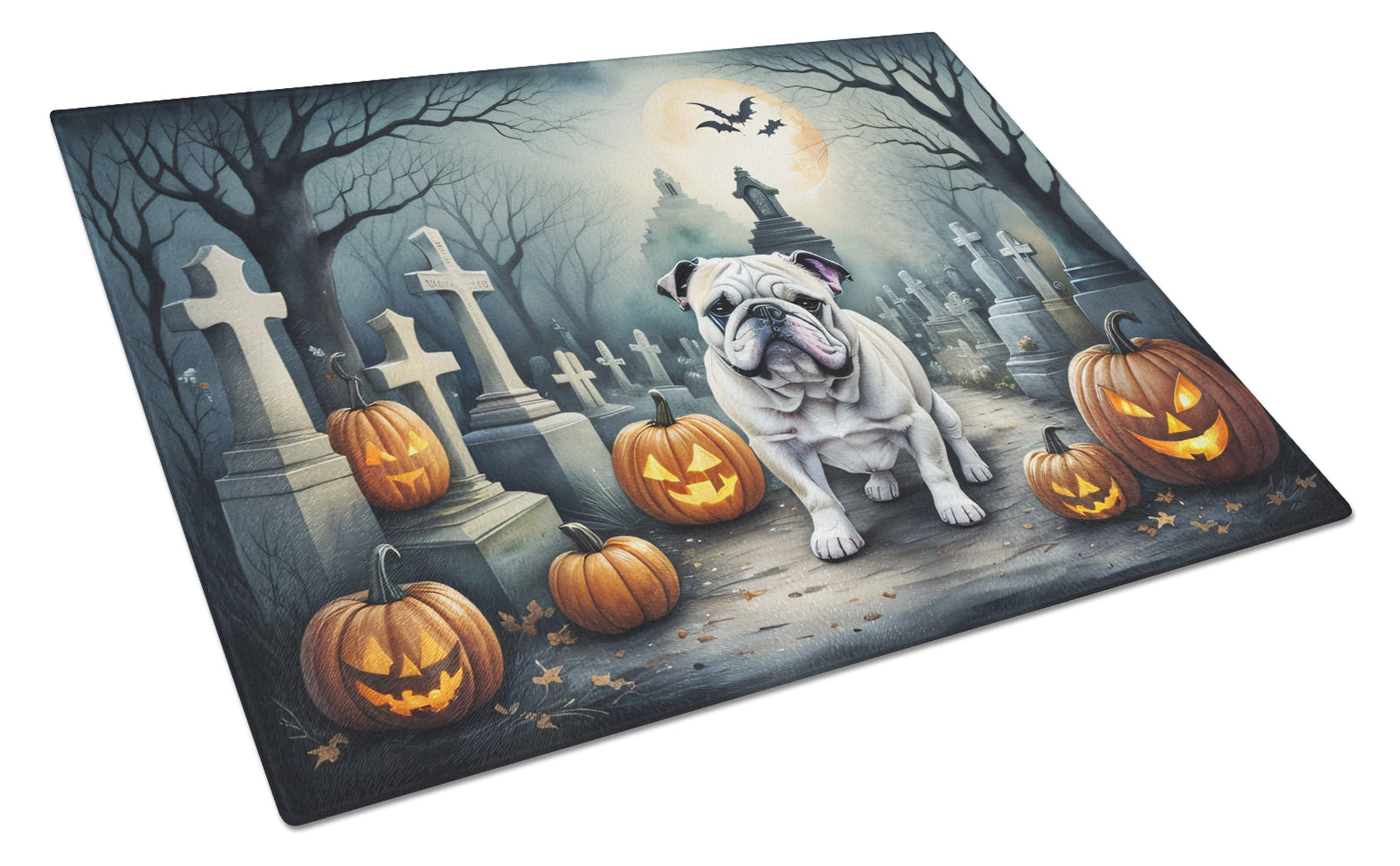 English Bulldog Spooky Halloween Cutting Board Tempered Glass Kitchen Cutting Surface, Heat Resistant Chopping, Non-Slip Feet, Food Prep & Serving