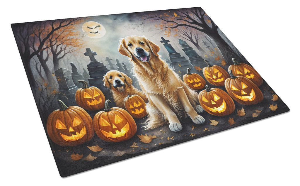 Golden Retriever Spooky Halloween Cutting Board Tempered Glass Kitchen Cutting Surface, Heat Resistant Chopping, Non-Slip Feet, Food Prep & Serving