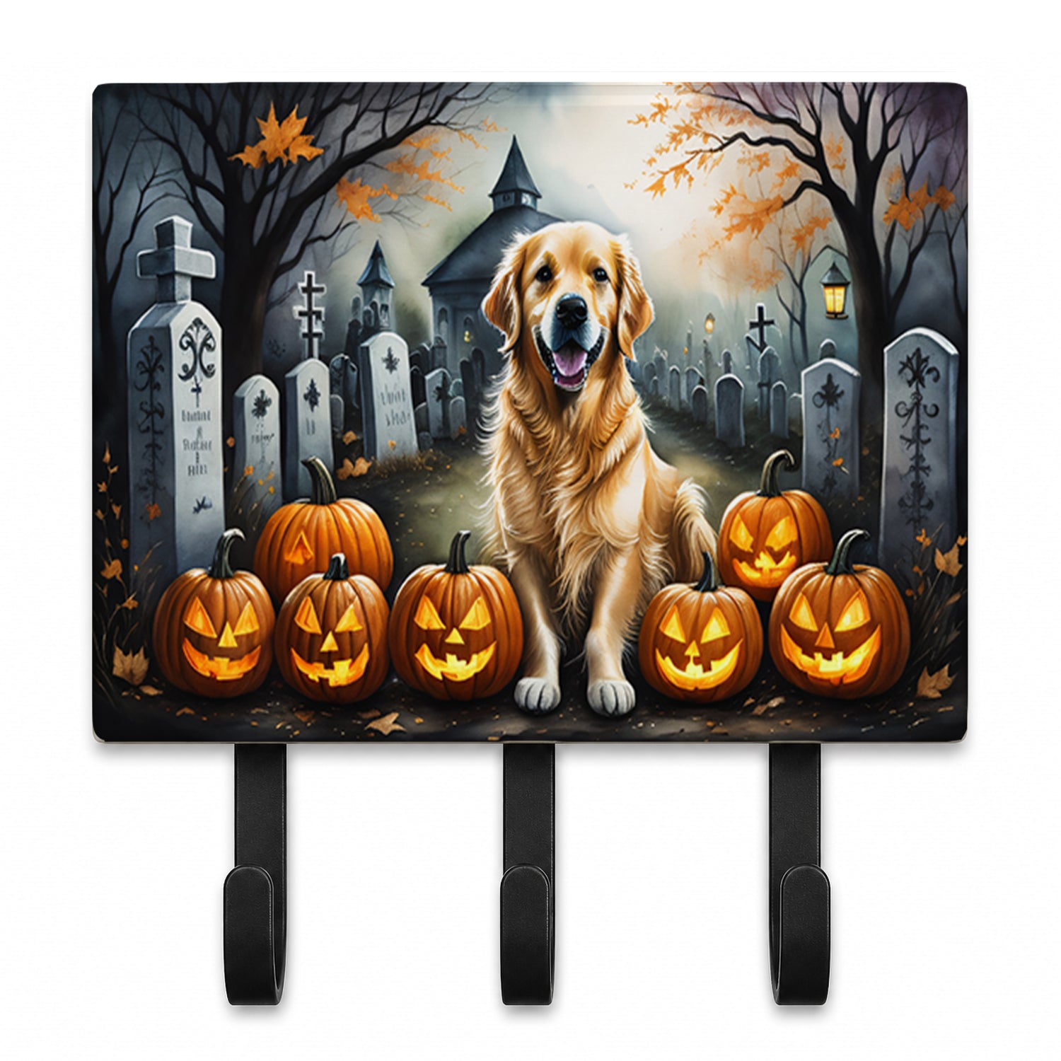 Golden Retriever Spooky Halloween Leash or Key Holder Wall Hooks, Coat Rack Wall Mount, for Hanging Keys, Towels, Aprons, Leashes