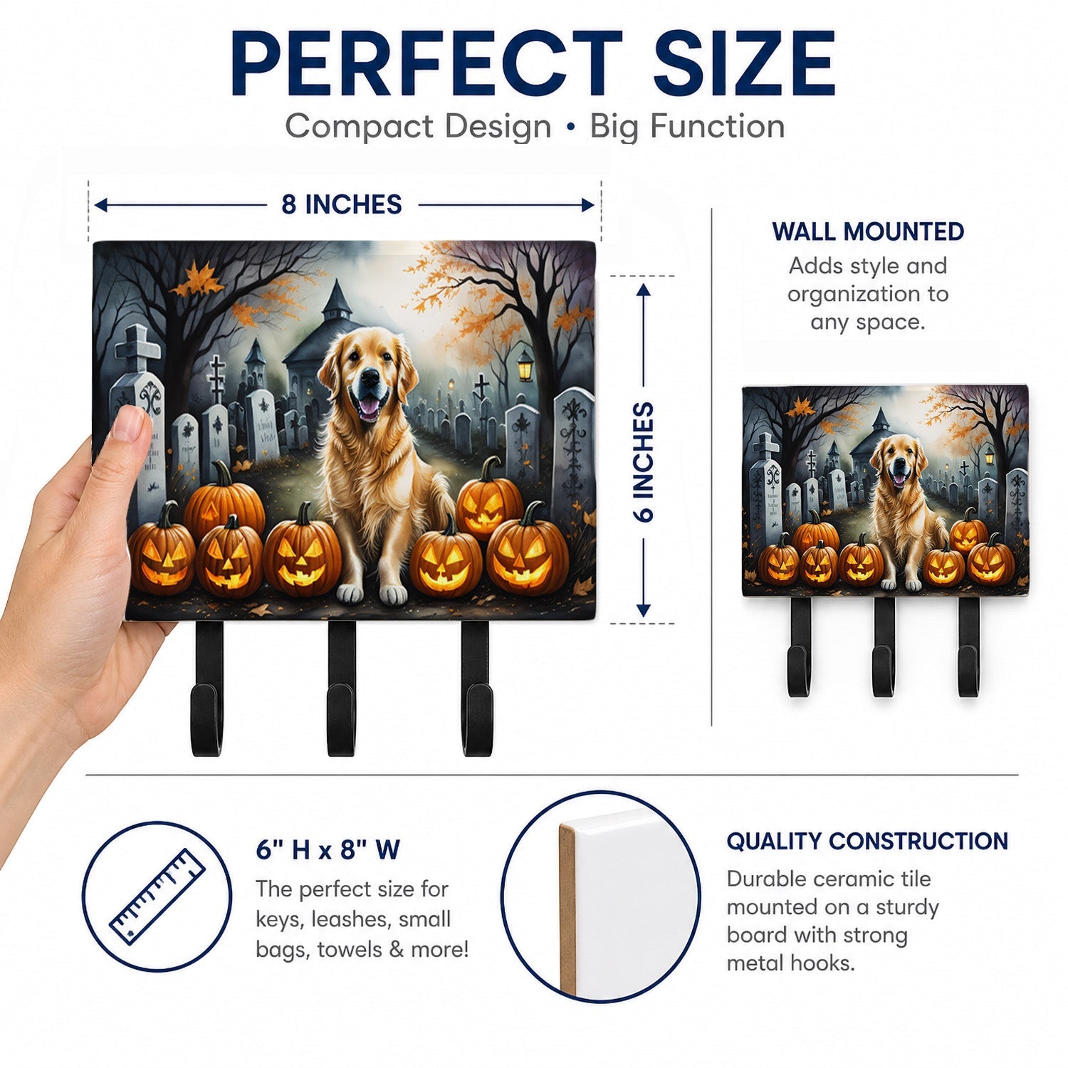 Golden Retriever Spooky Halloween Leash or Key Holder Wall Hooks, Coat Rack Wall Mount, for Hanging Keys, Towels, Aprons, Leashes
