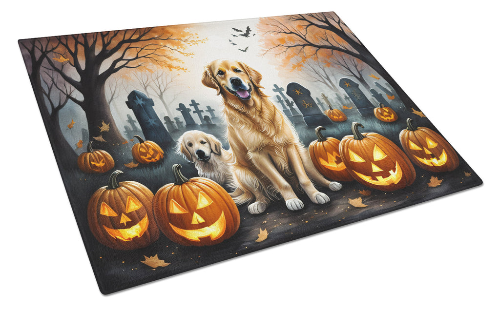 Golden Retriever Spooky Halloween Cutting Board Tempered Glass Kitchen Cutting Surface, Heat Resistant Chopping, Non-Slip Feet, Food Prep & Serving