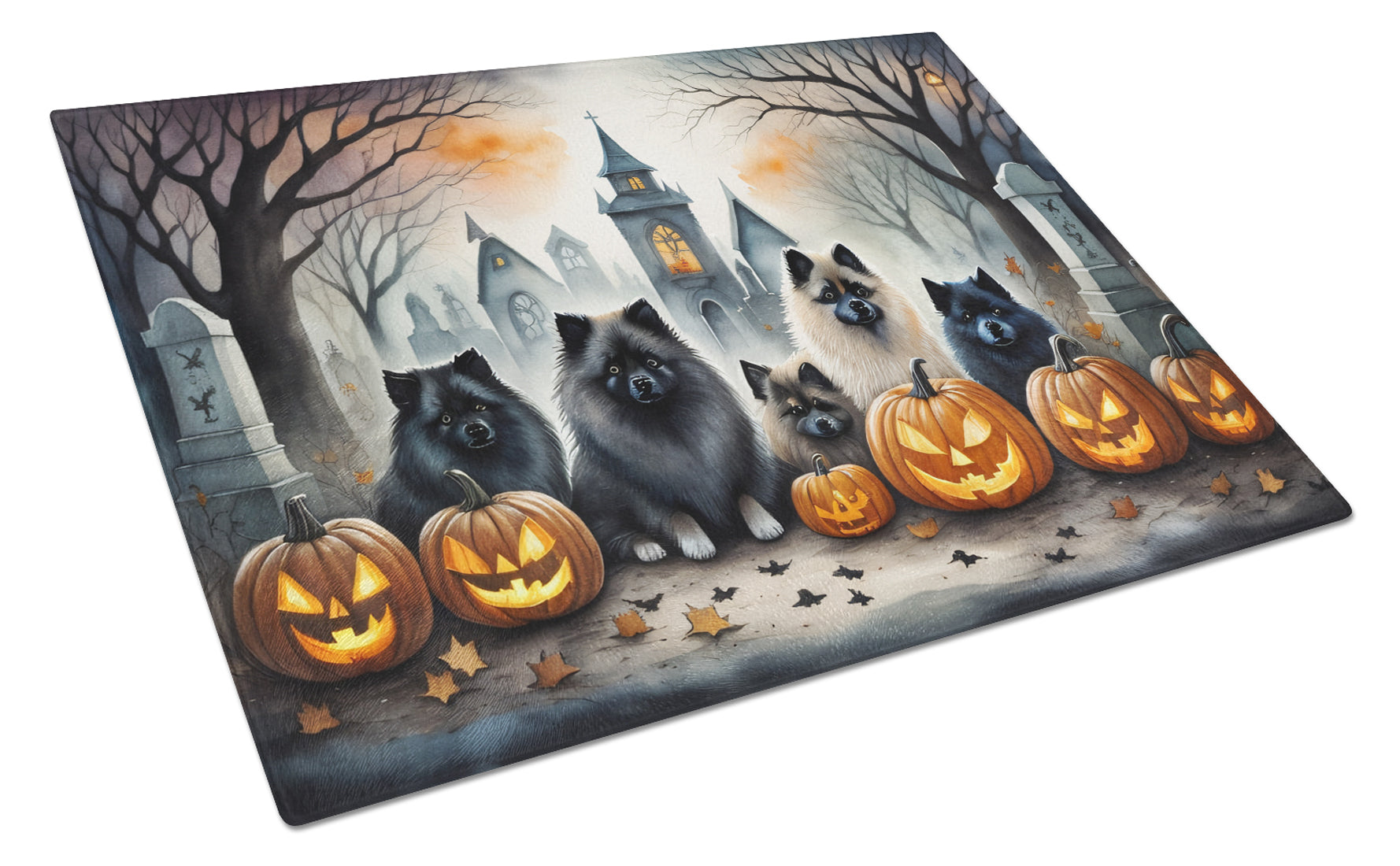 Keeshond Spooky Halloween Cutting Board Tempered Glass Kitchen Cutting Surface, Heat Resistant Chopping, Non-Slip Feet, Food Prep & Serving